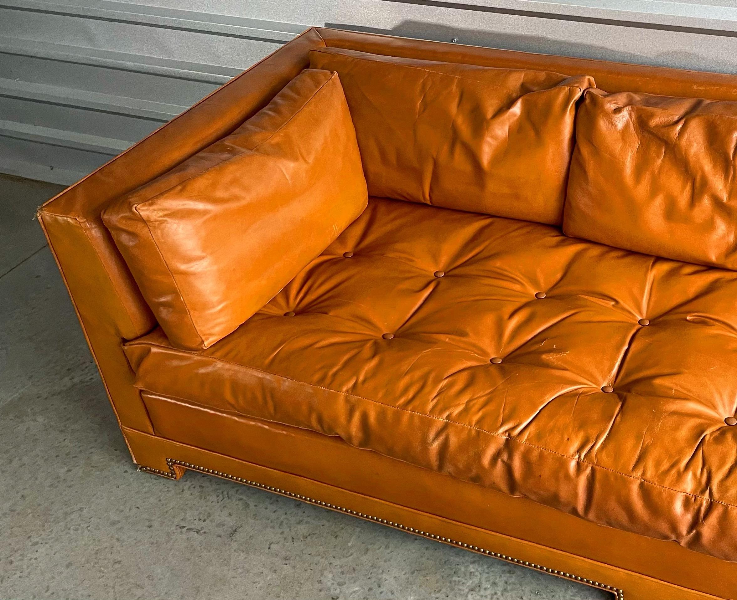 Mid-Century Modern Midcentury Parsons Sofa by John Widdicomb in Original Cognac Leather and Down