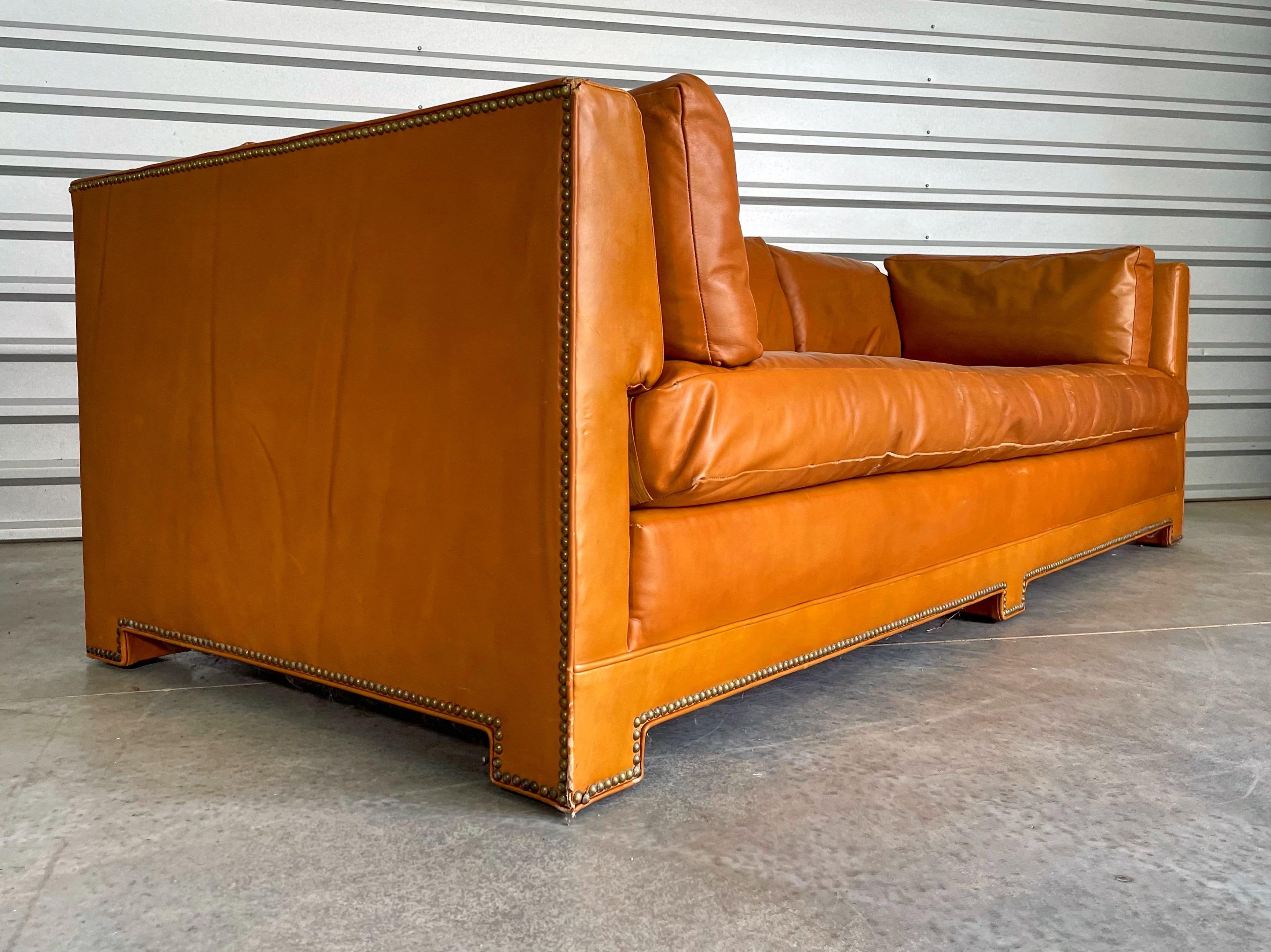 North American Midcentury Parsons Sofa by John Widdicomb in Original Cognac Leather and Down