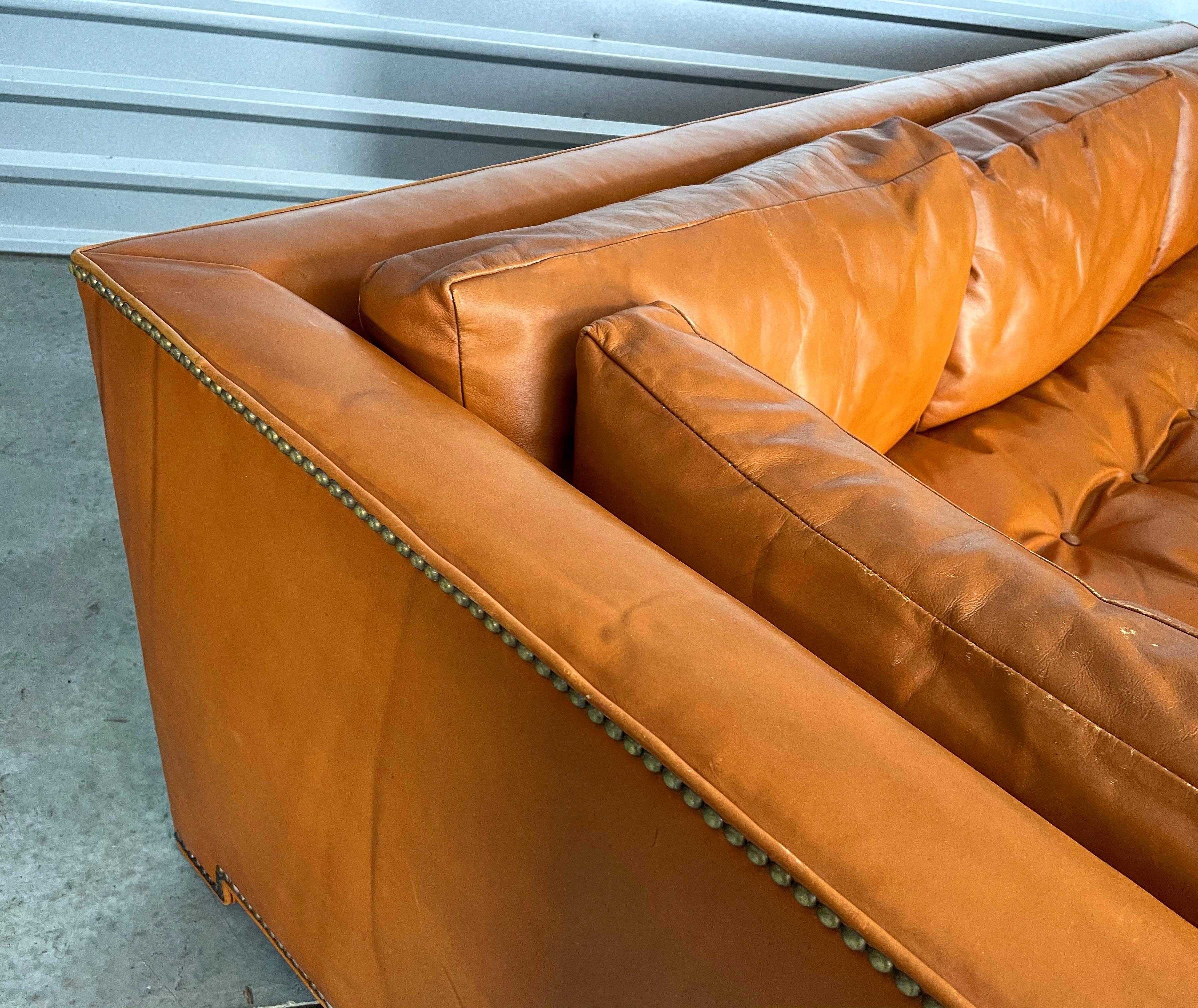 Brass Midcentury Parsons Sofa by John Widdicomb in Original Cognac Leather and Down