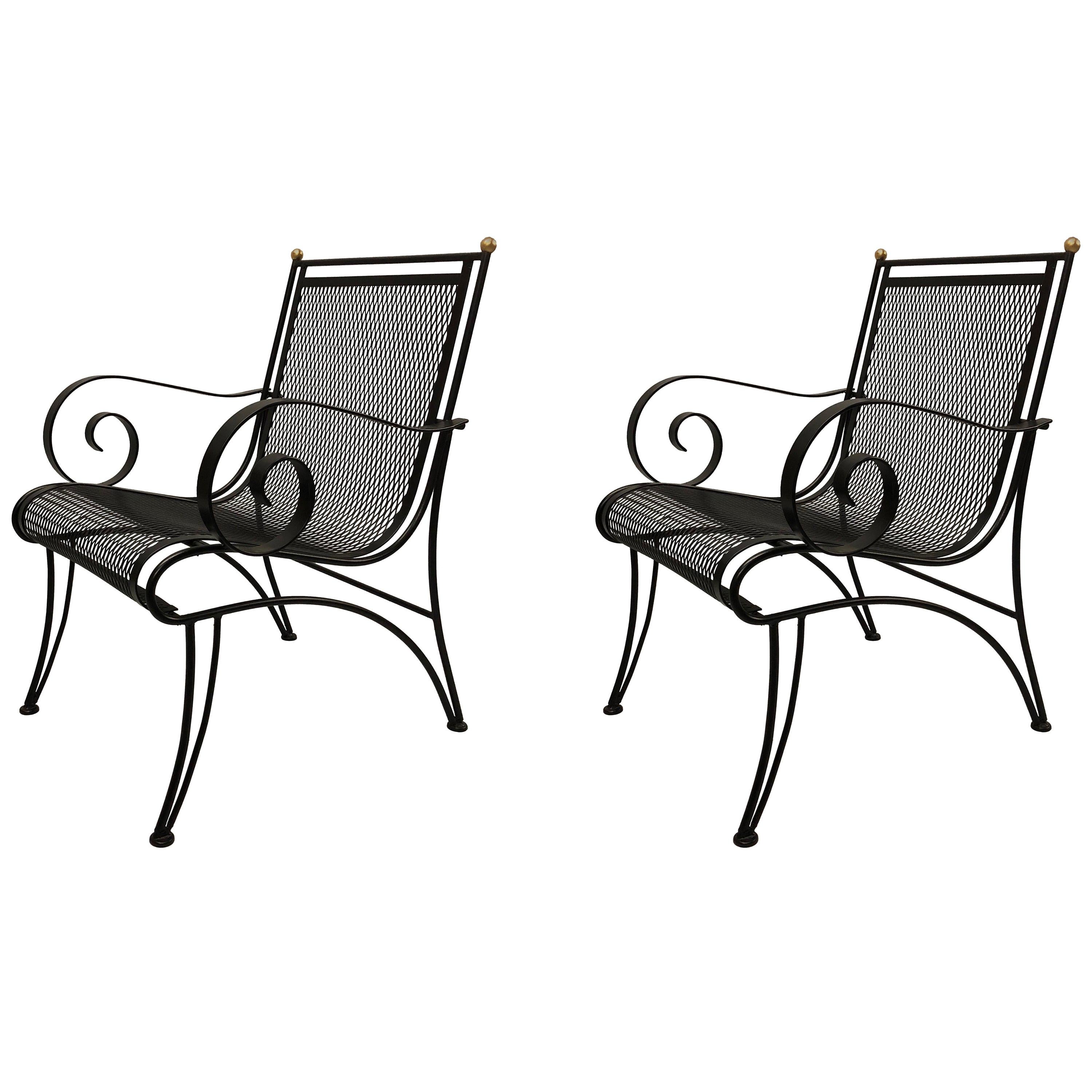 Midcentury Partial-Gilt Wrought Iron Lounge Chairs Attributed to René Prou, Pair