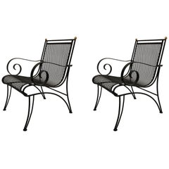 Vintage Midcentury Partial-Gilt Wrought Iron Lounge Chairs Attributed to René Prou, Pair