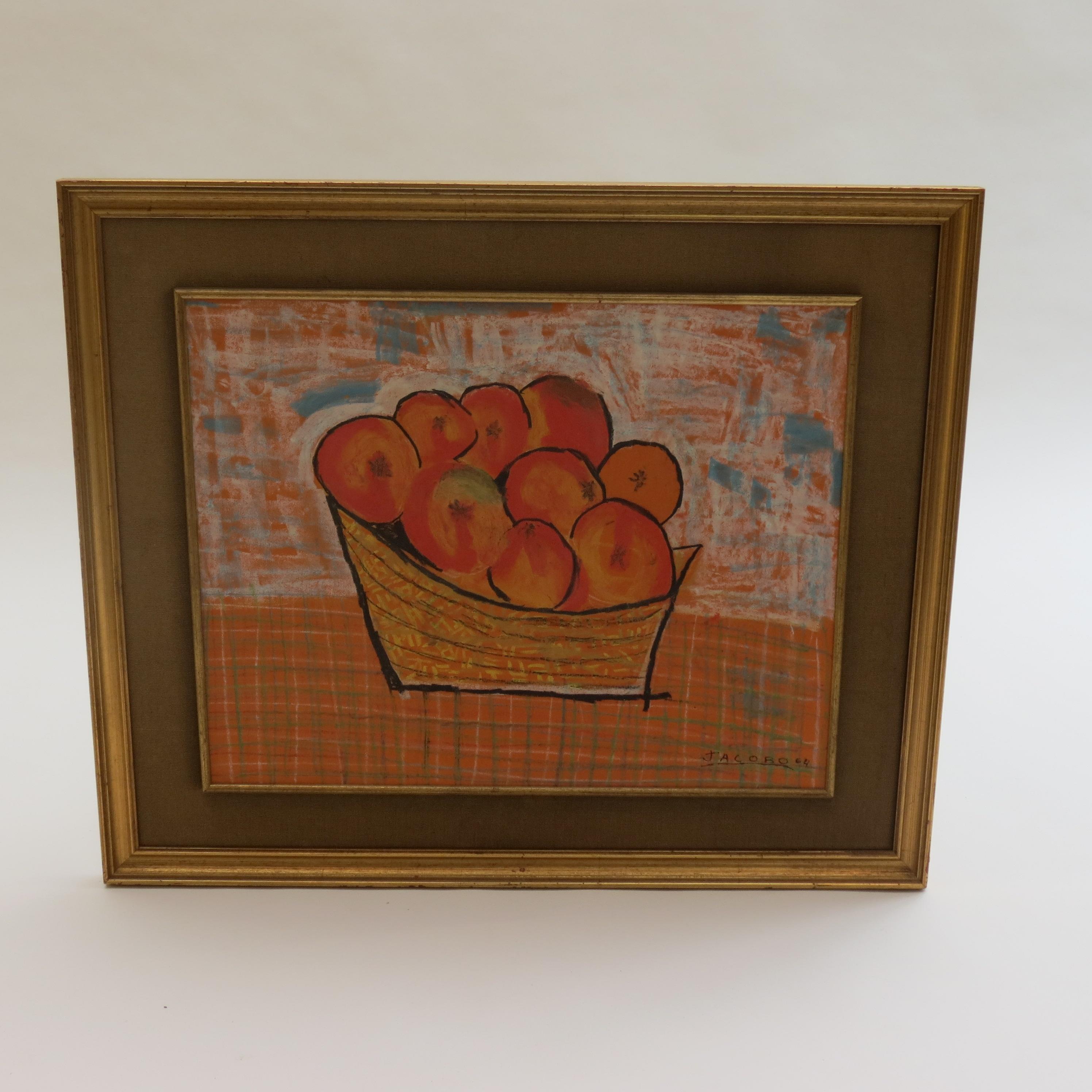 Mid-Century Modern Midcentury Pastel Still Life Oranges Painting by Jacobo, 1964