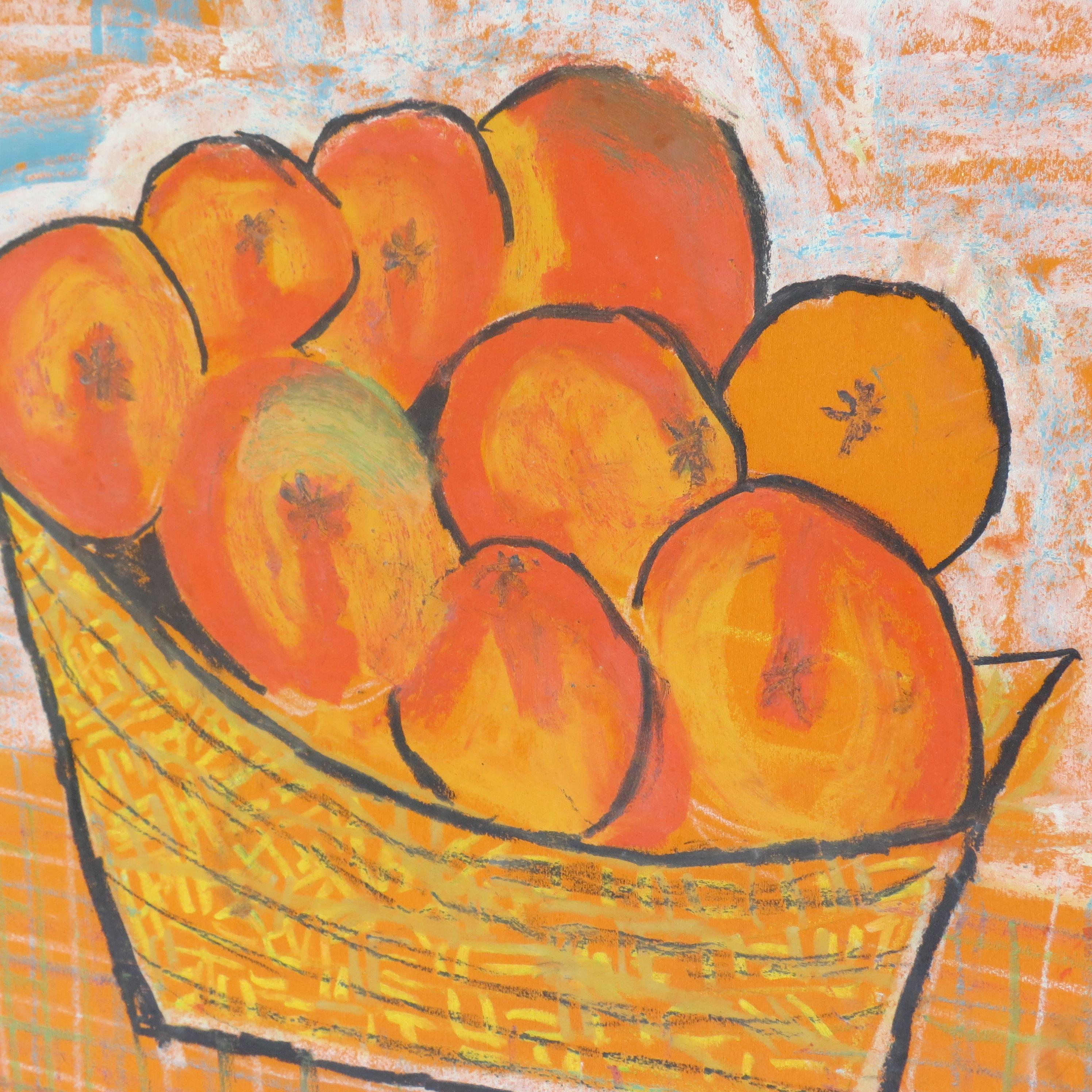 Hand-Crafted Midcentury Pastel Still Life Oranges Painting by Jacobo, 1964