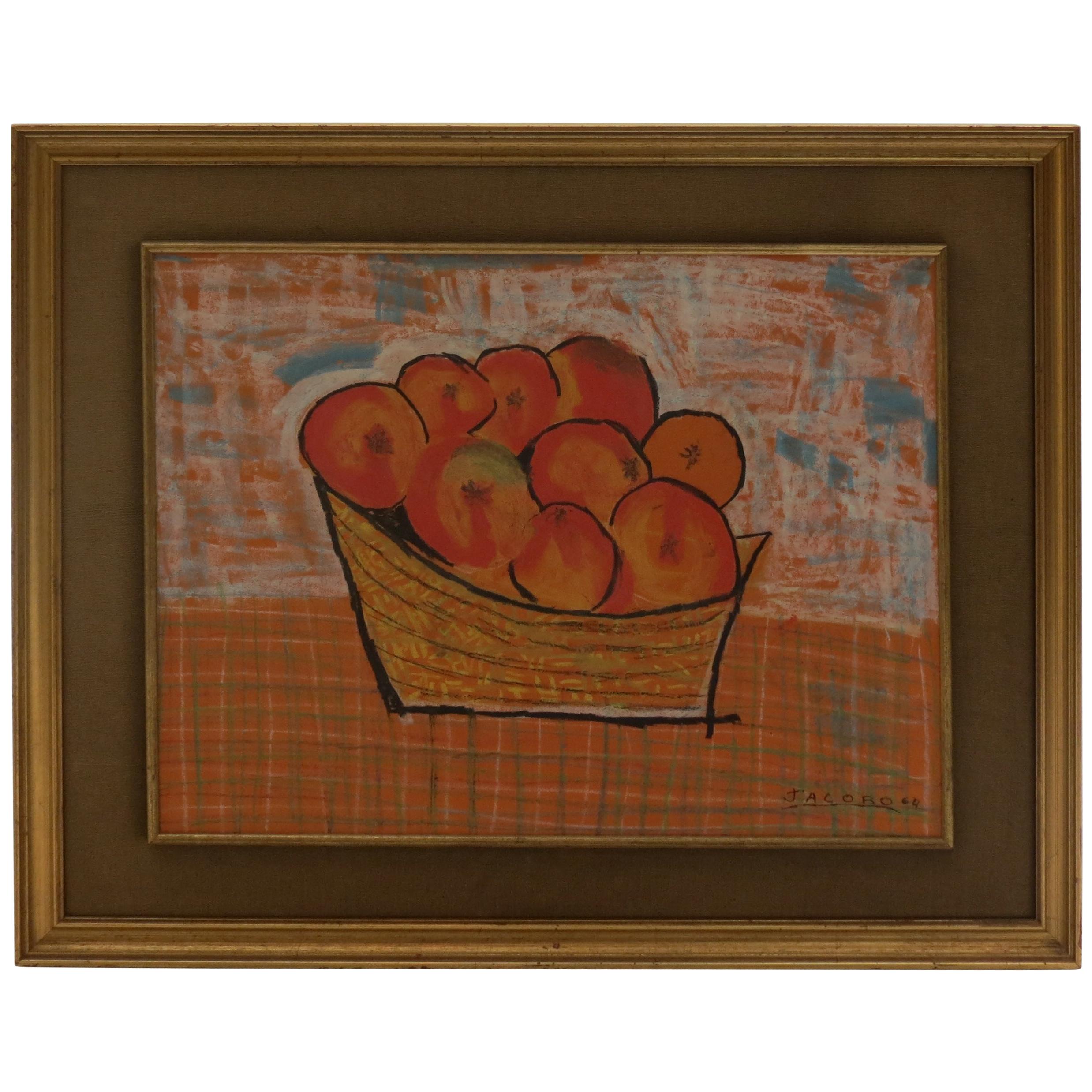 Midcentury Pastel Still Life Oranges Painting by Jacobo, 1964