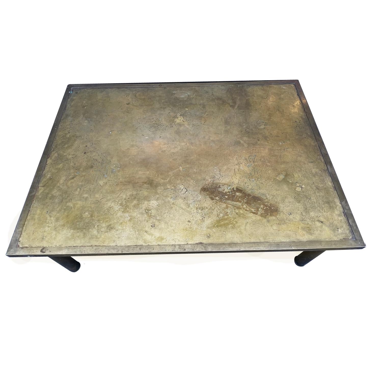 A circa 1970's patinated bronze coffee table with original patina.

Measurements:
Length: 48