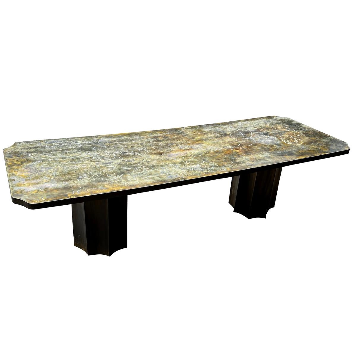 A circa 1970's LaVerne coffee table with pedestal base and original patina.

Measurements:
length: 65