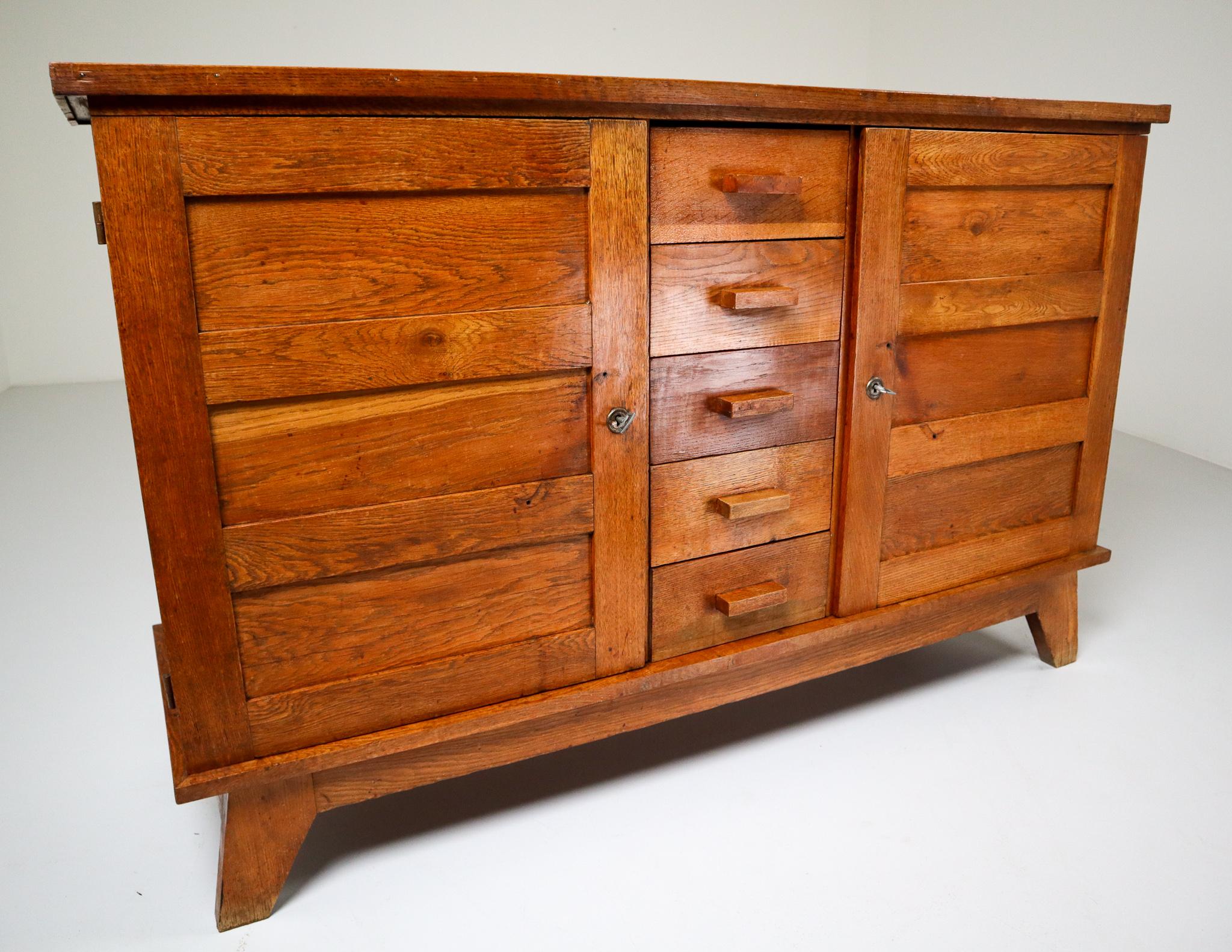Midcentury Patinated Oak Sideboard by René Gabriel, France, 1950s In Good Condition In Almelo, NL