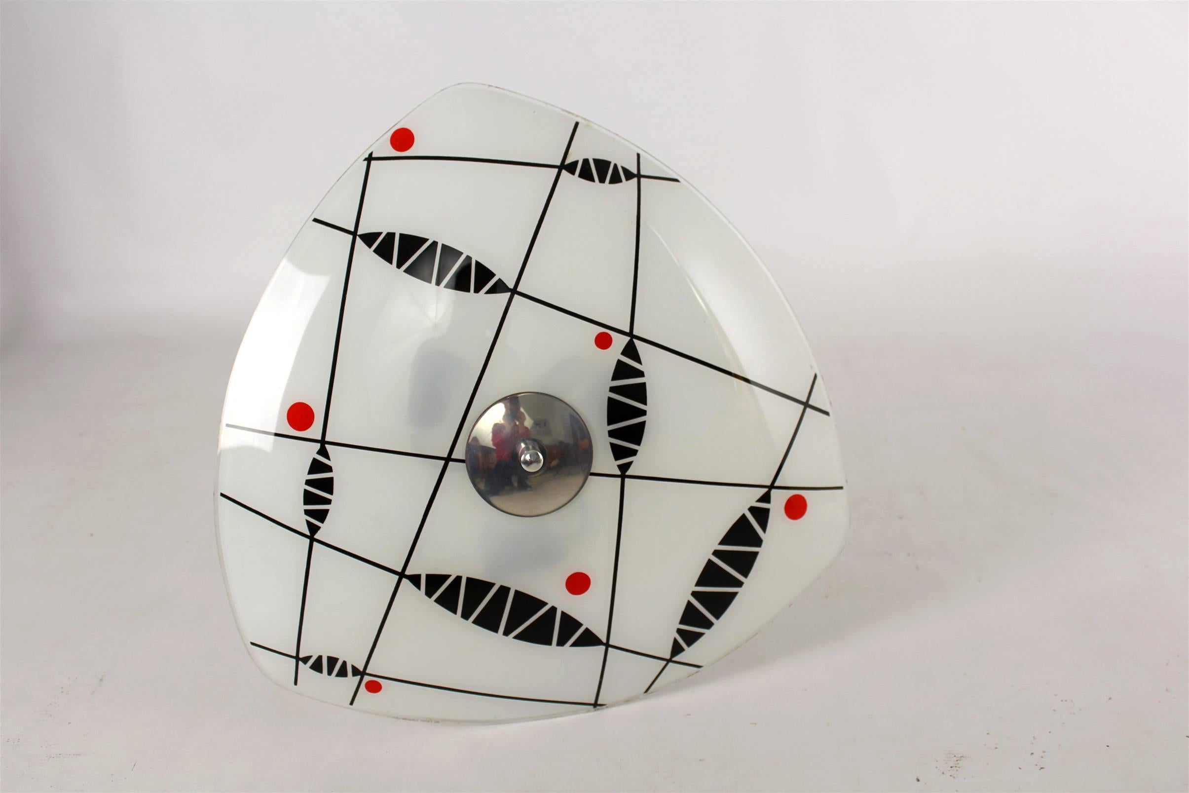 Beautiful ceiling light dating from the 1950s or 1960s. Made in former Czechoslovakia by Napako. Features a patterned glass shade. The lamp is fully functional and requires three E27 bulbs.