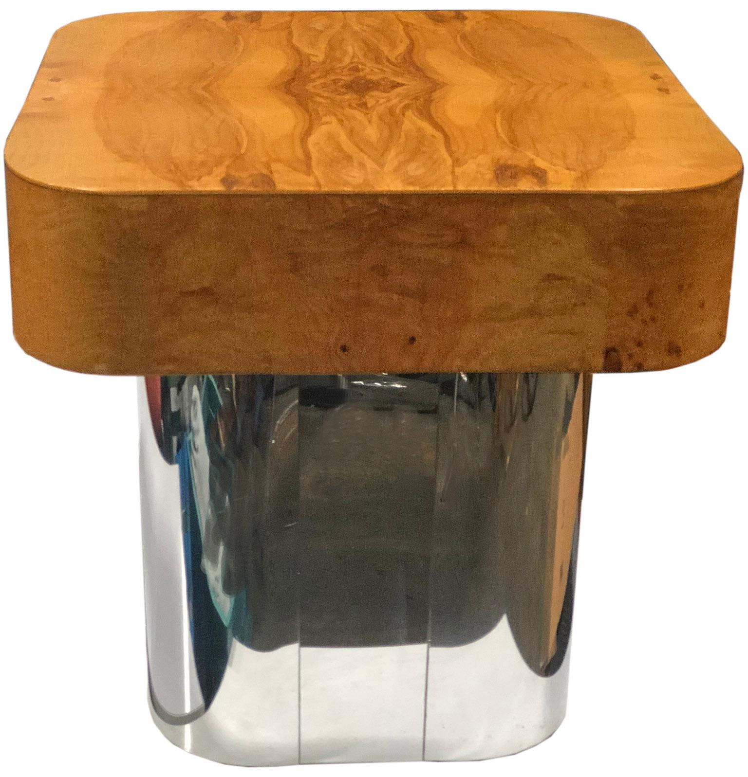 For your consideration is this wonderful side table comprised of polished steel and burl wood. Purchased directly from the original owner who had a large collection of Paul Evans and Milo Baughman designs.