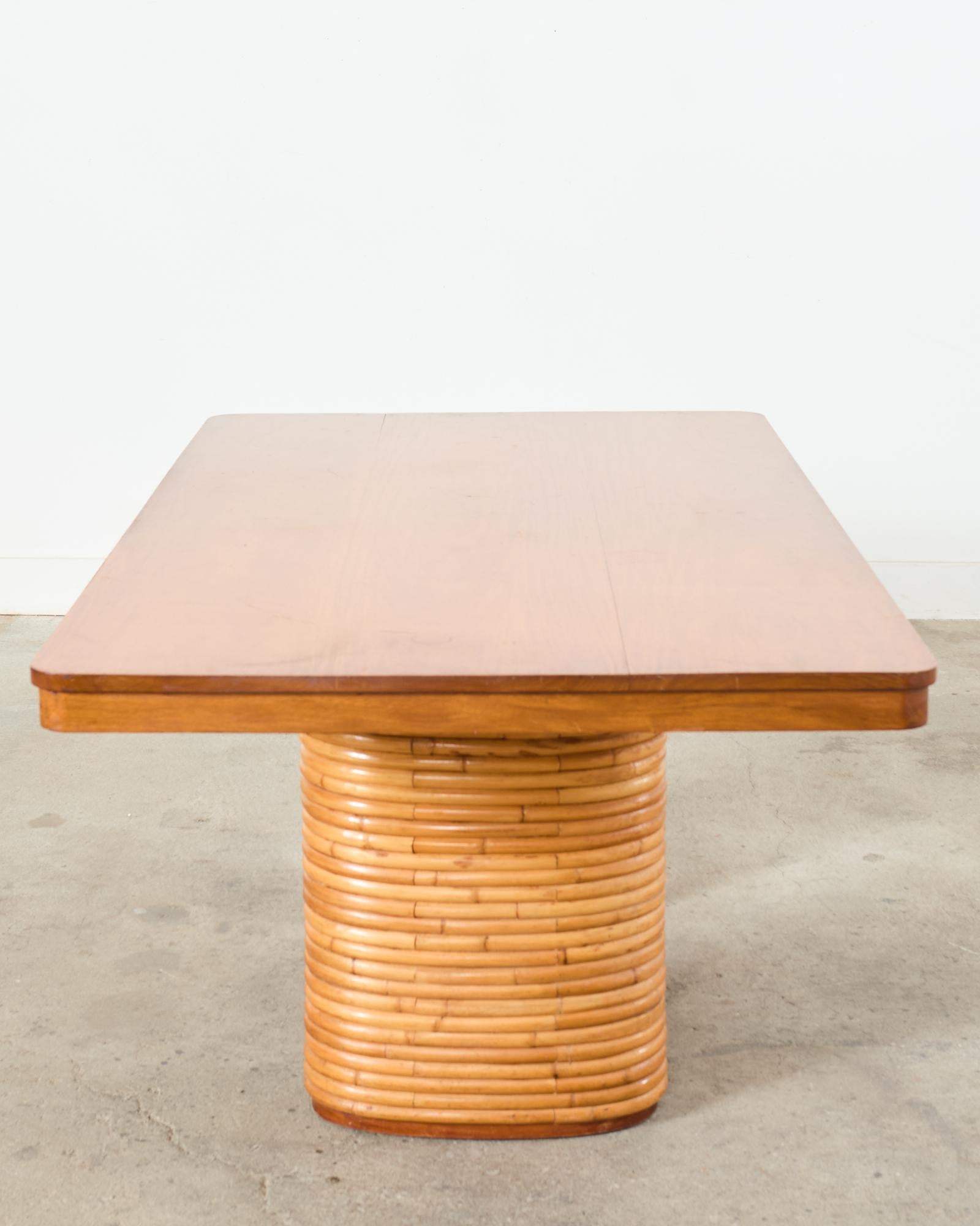 Midcentury Paul Frankl Style Stacked Rattan Pedestal Dining Table For Sale 2