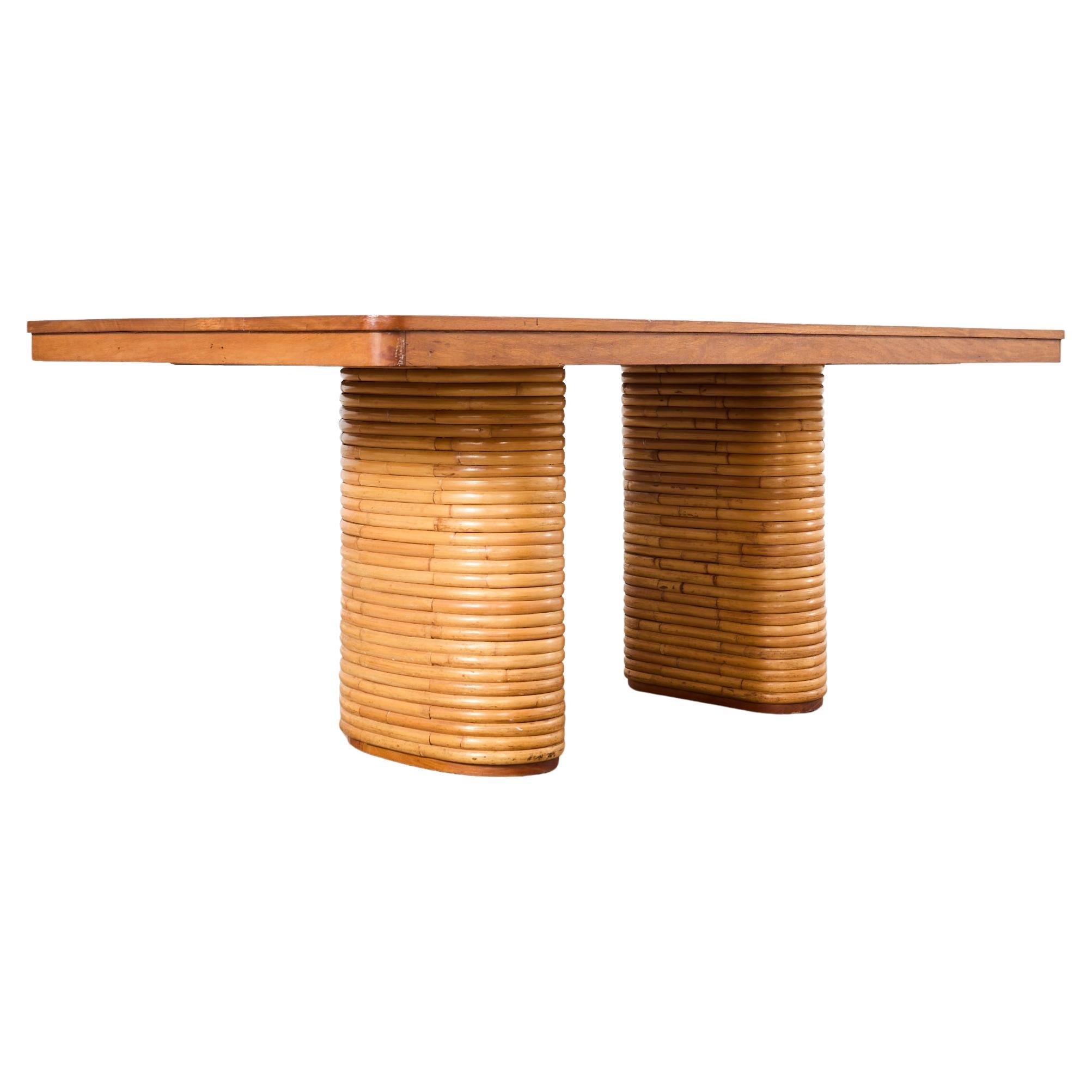Midcentury Paul Frankl Style Stacked Rattan Pedestal Dining Table For Sale