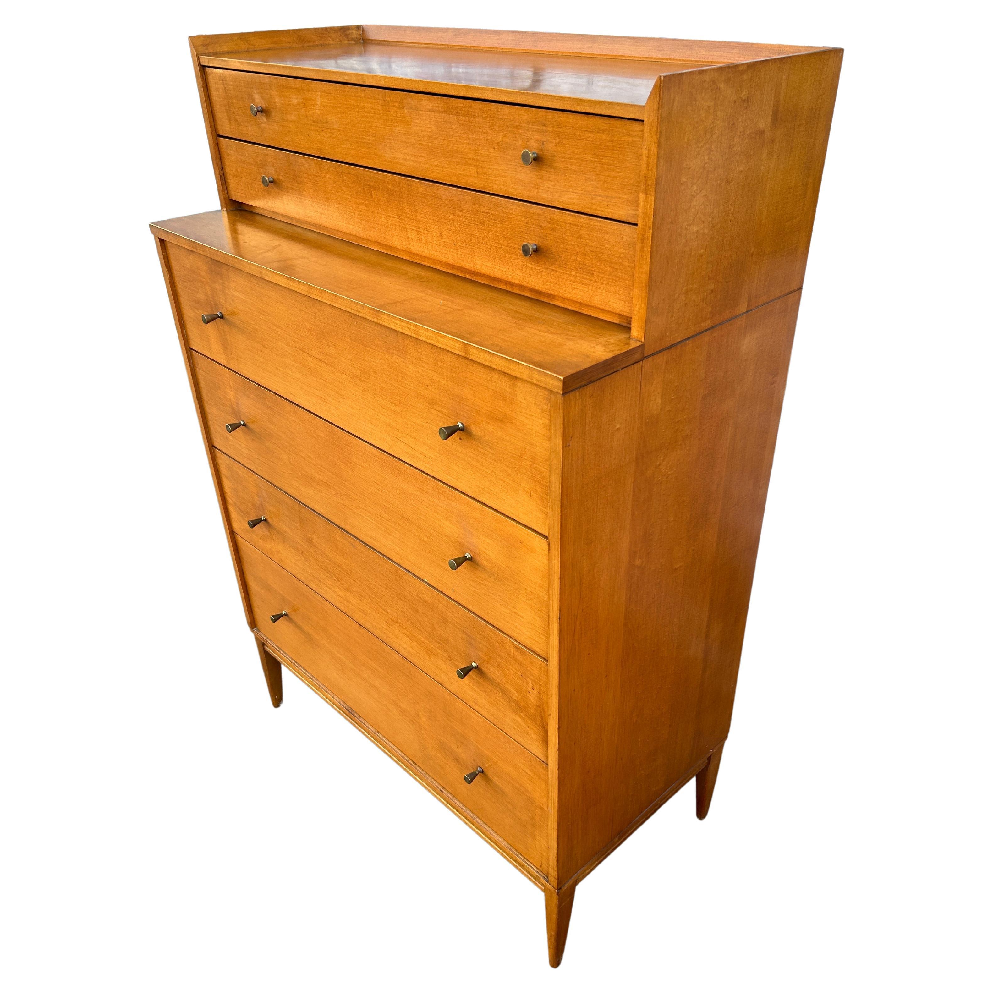 American Midcentury Paul McCobb #1501 Blonde Maple tall 6 drawer dresser brass knobs