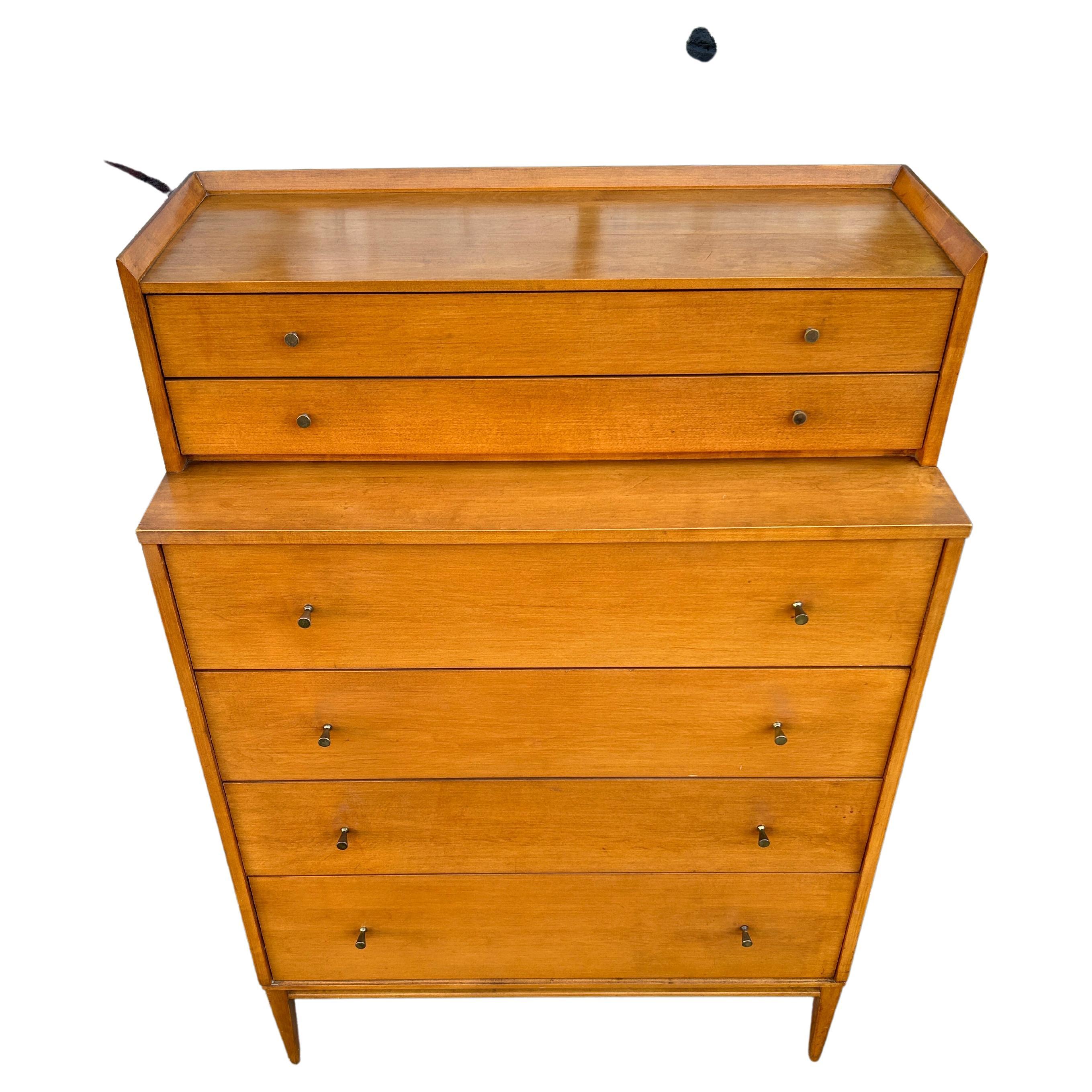 Woodwork Midcentury Paul McCobb #1501 Blonde Maple tall 6 drawer dresser brass knobs