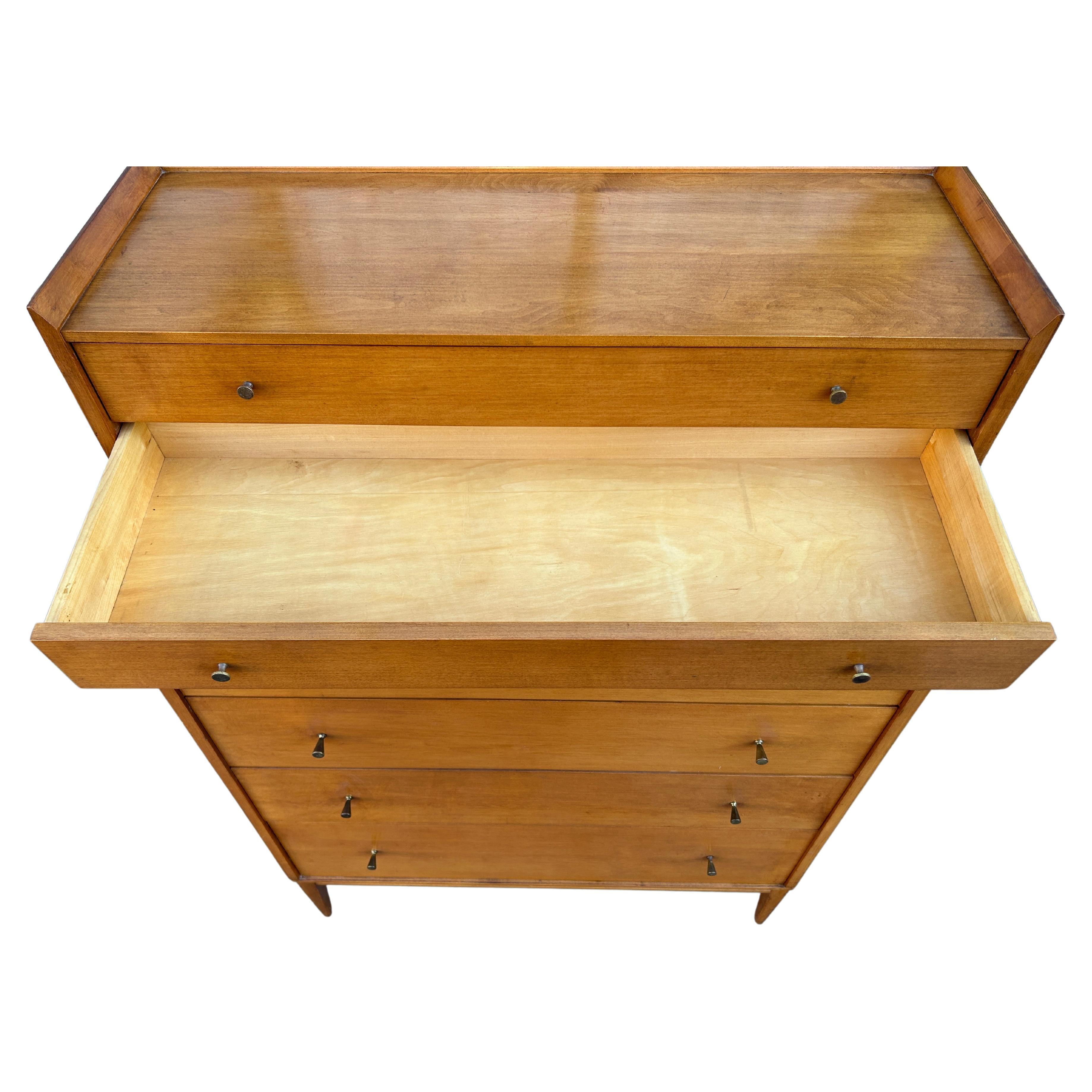Brass Midcentury Paul McCobb #1501 Blonde Maple tall 6 drawer dresser brass knobs