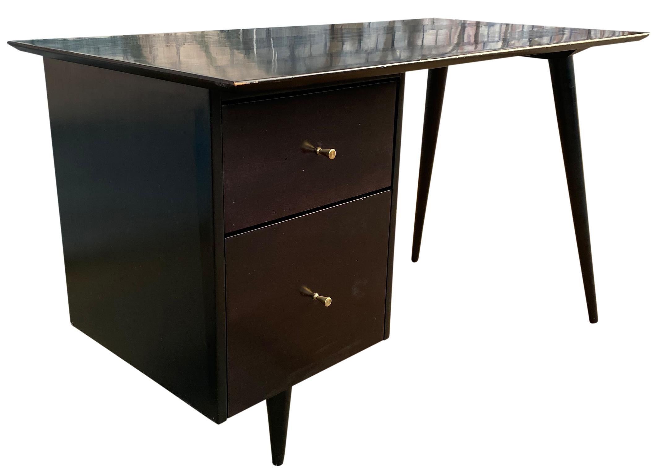 Mid-Century Modern Midcentury Paul McCobb #1560 Double Drawer Desk Black Lacquer Finish Brass