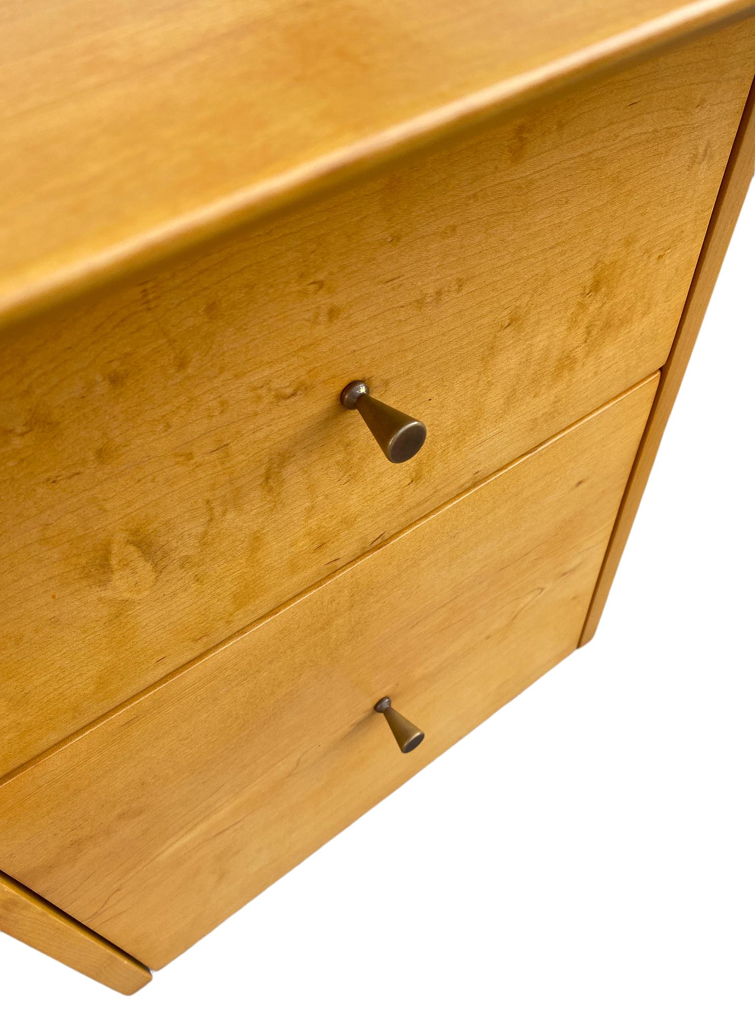 20th Century Midcentury Paul McCobb #1560 Double Drawer Desk Blonde Maple Finish Brass Pulls