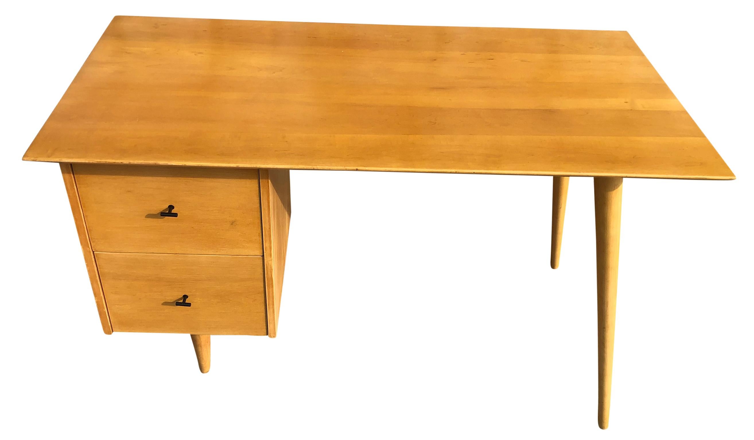Beautiful Paul McCobb Planner Group #1560 double drawer desk blonde maple finish T-pulls solid maple. Desk is in Great original vintage condition. Very beautiful designed desk on tapered legs - all solid maple. Designers by Paul McCobb - Built by