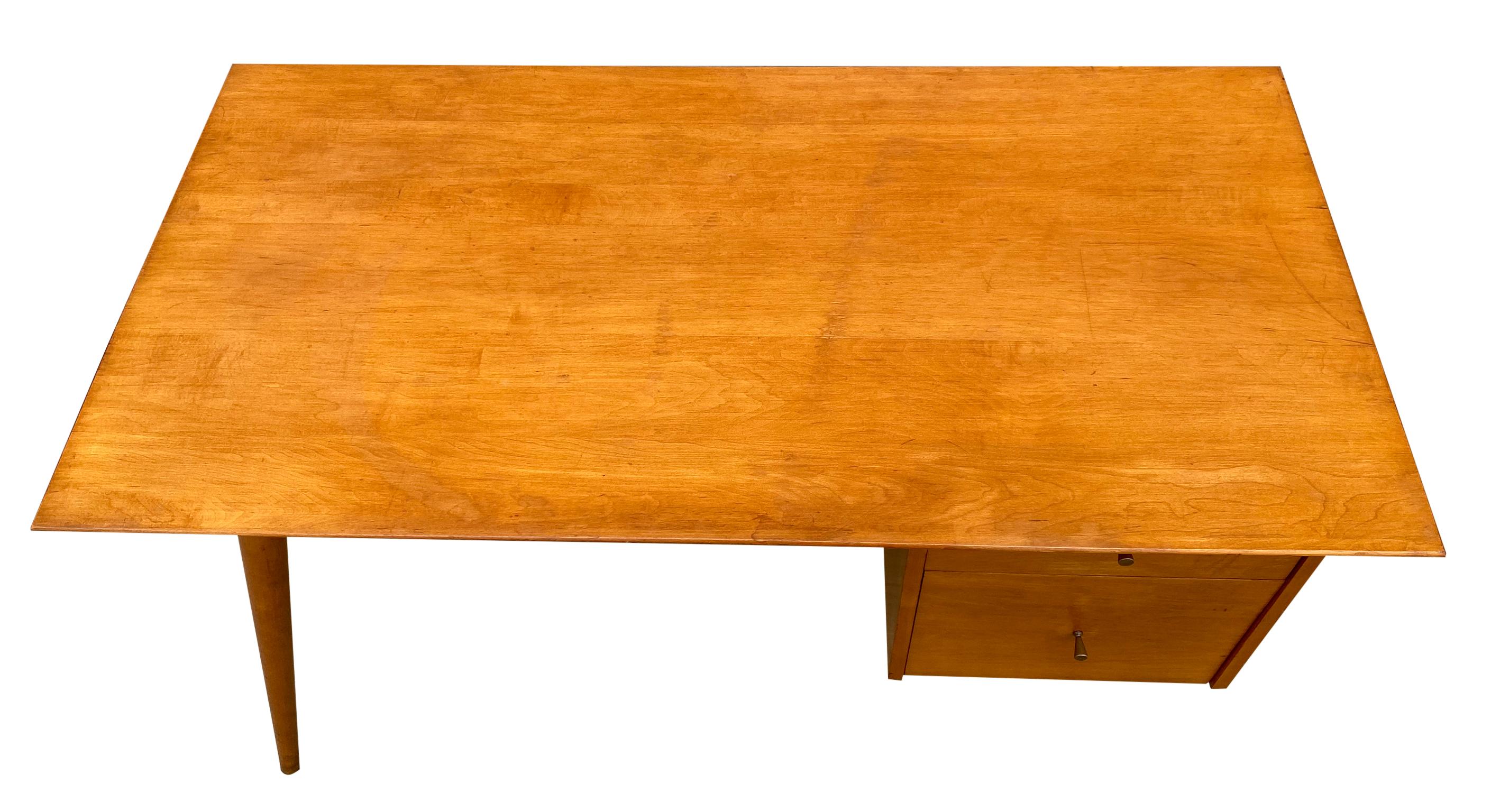 20th Century Midcentury Paul McCobb #1560 Double Drawer Desk Tobacco Maple Finish Brass