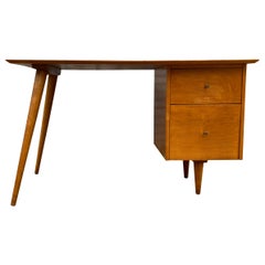 Midcentury Paul McCobb #1560 Double Drawer Desk Tobacco Maple Finish Brass