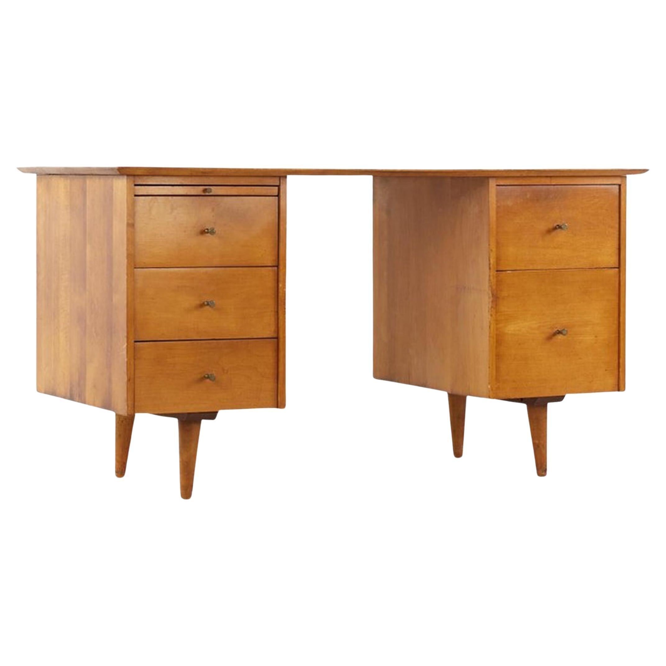 Midcentury Paul McCobb #1561 5 Drawer Desk Blonde Maple Finish Brass Pulls