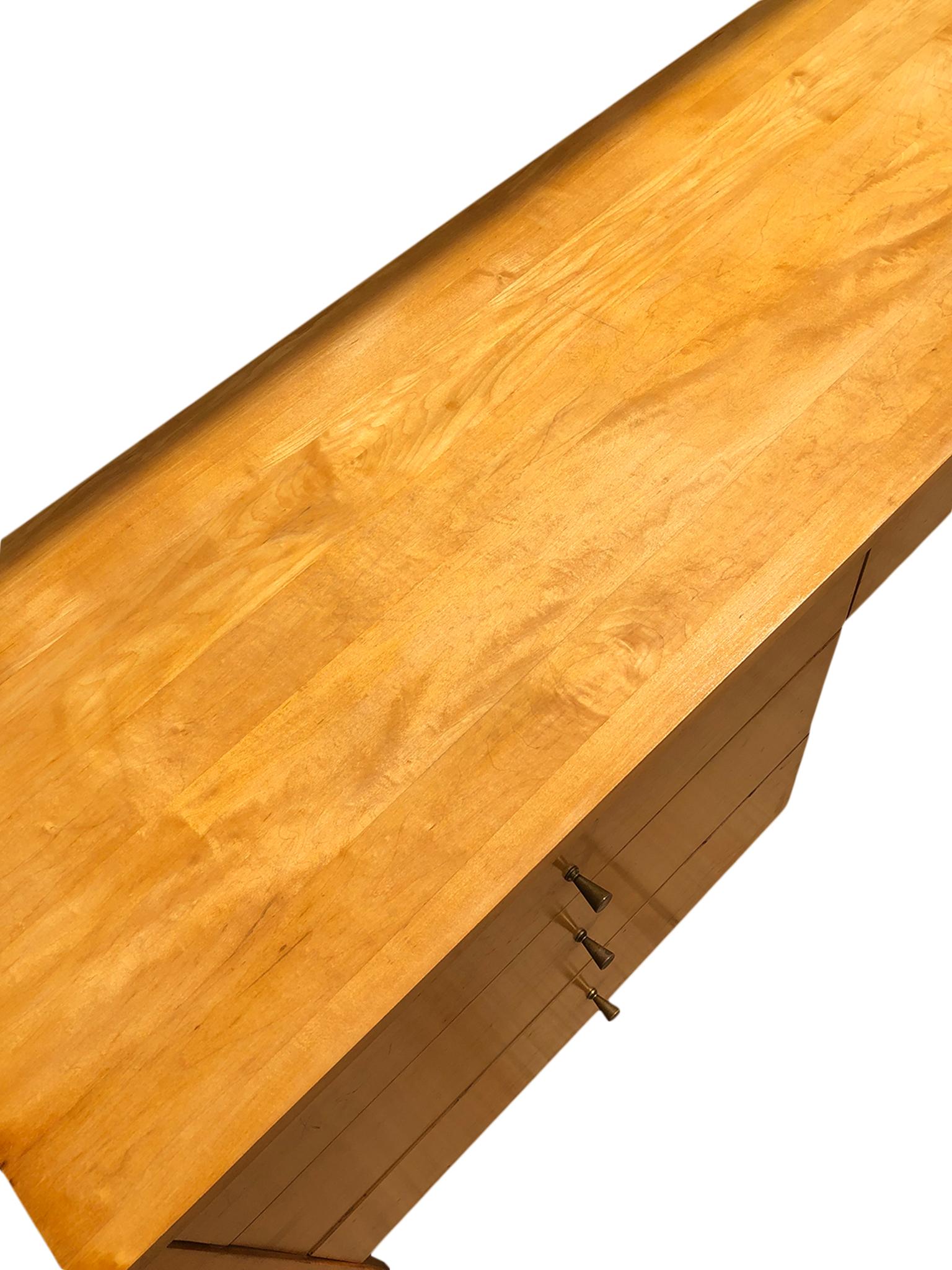 American Midcentury Paul McCobb #1567 Four Drawer Desk Blonde Maple Finish Brass Pulls