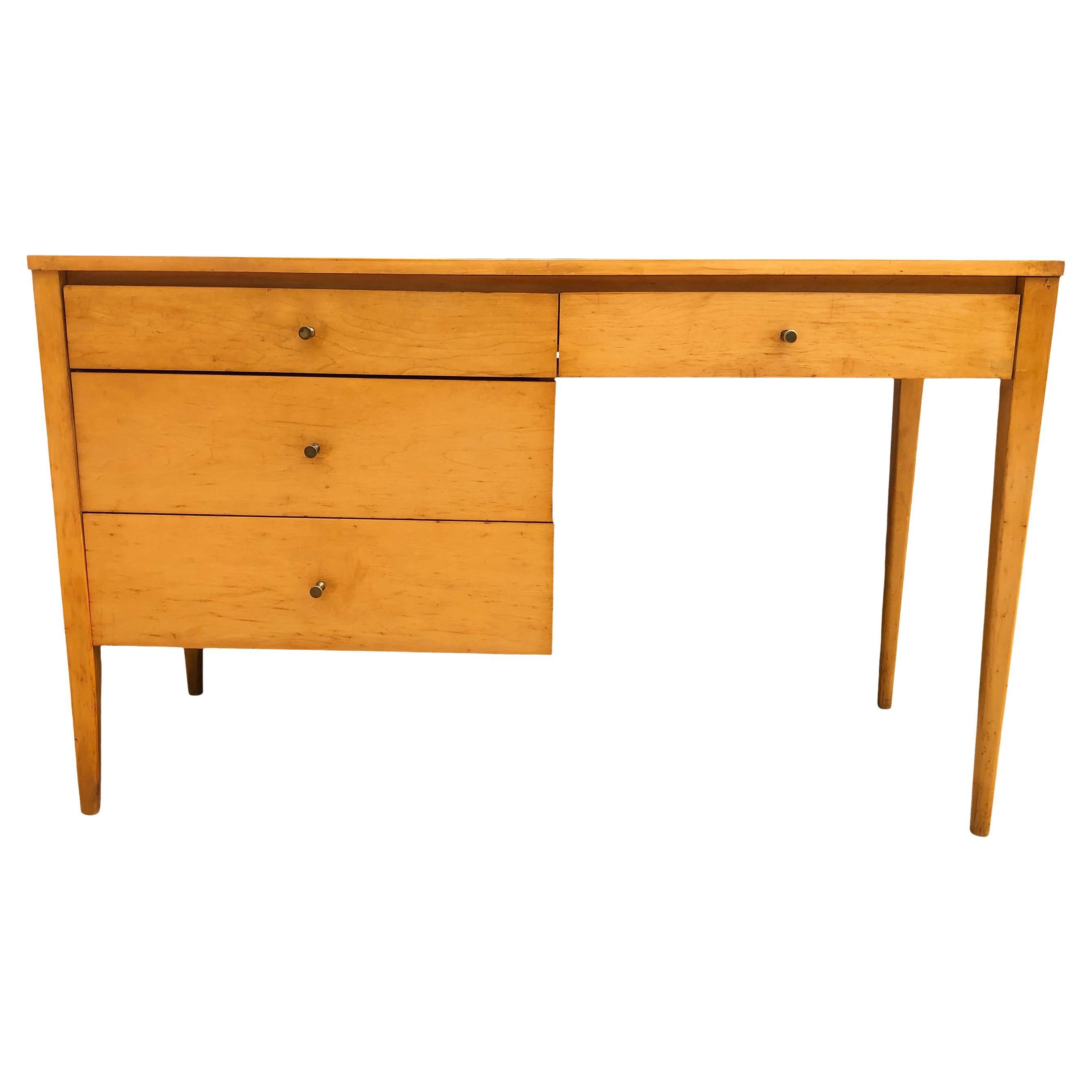 Midcentury Paul McCobb #1567 Four Drawer Desk Blonde Maple Finish Brass Pulls For Sale