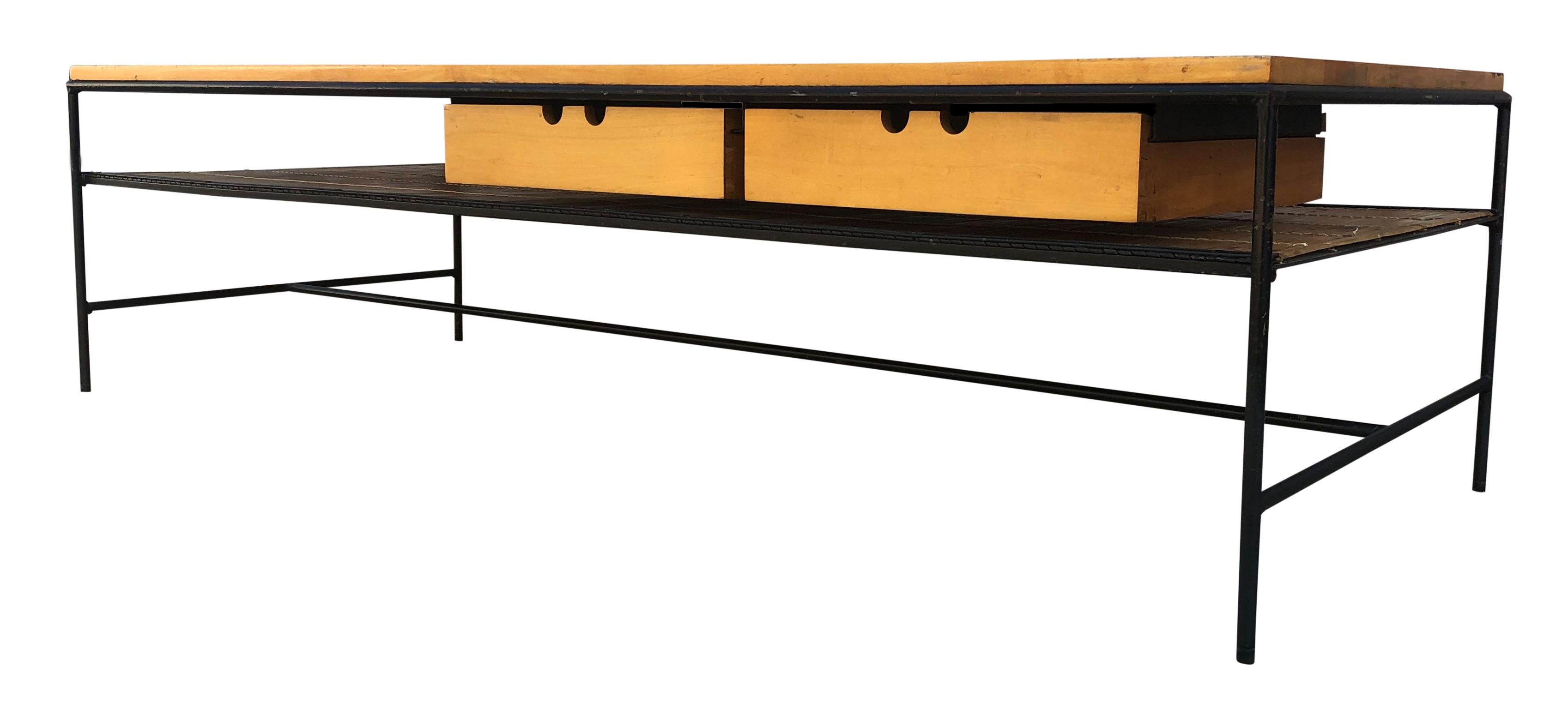Beautiful Paul McCobb Planner Group #1584 solid maple 60 inch coffee table bench blonde maple finish, Minimalist Iron structure with 2 drawers all original raw blonde finish. Very delicate designed coffee table with iron legs has lower tied slat