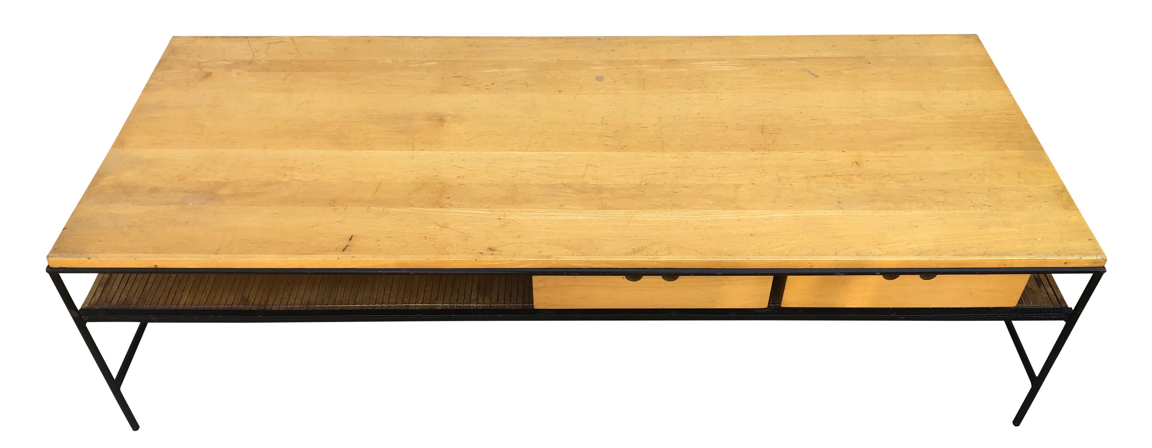 Mid-Century Modern Midcentury Paul McCobb #1584 Coffee Table Bench Blonde Maple Iron 2-drawer