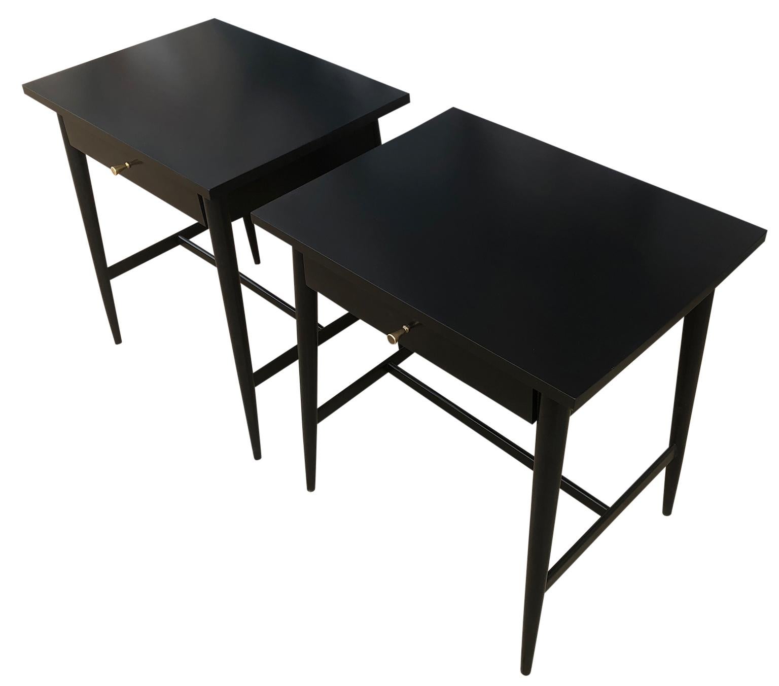 Mid-Century Modern Midcentury Paul McCobb #1586 Nightstands Black Lacquer Finish Brass Knobs