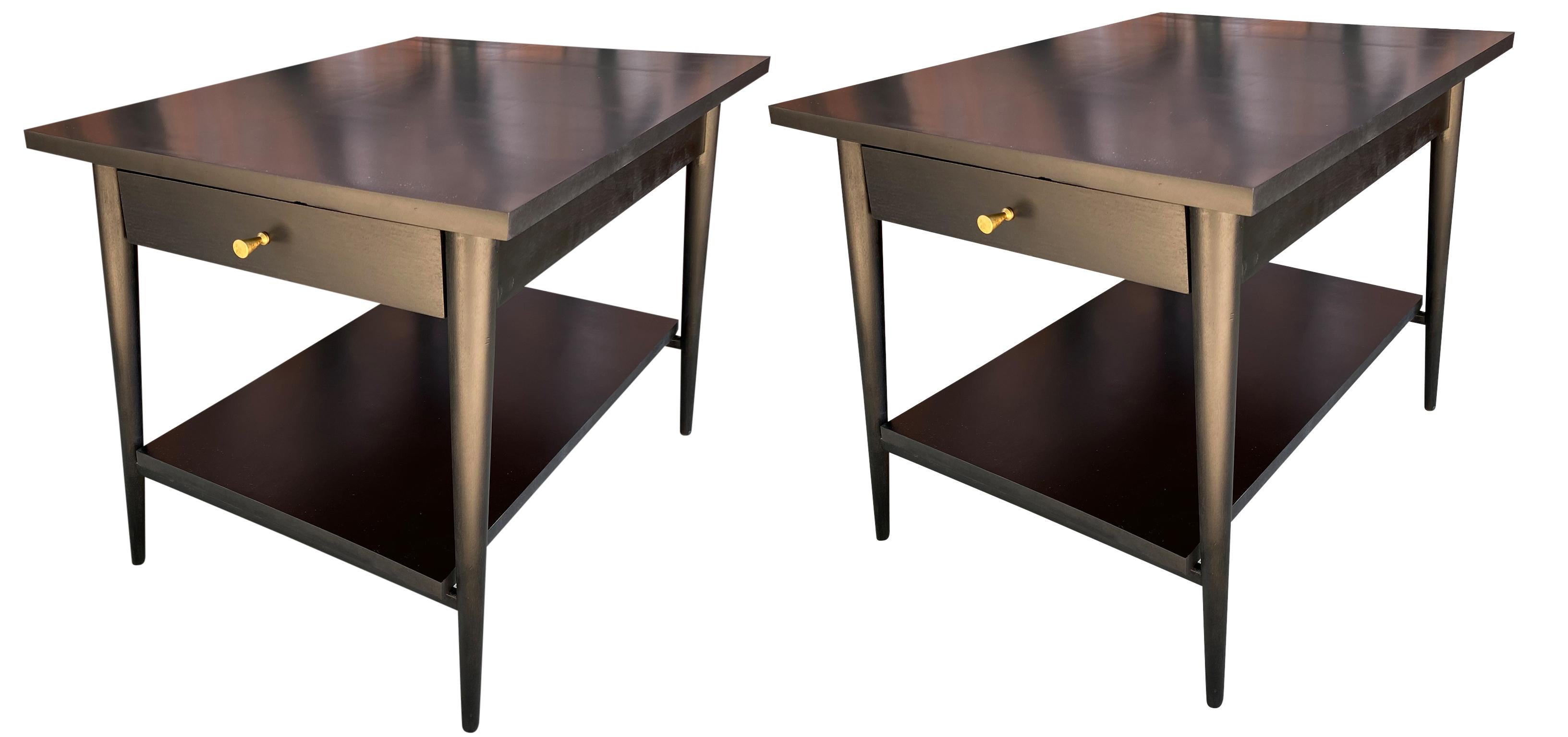 Mid-Century Modern Midcentury Paul McCobb #1587 Nightstands Black Lacquer Brass Knobs End Tables For Sale
