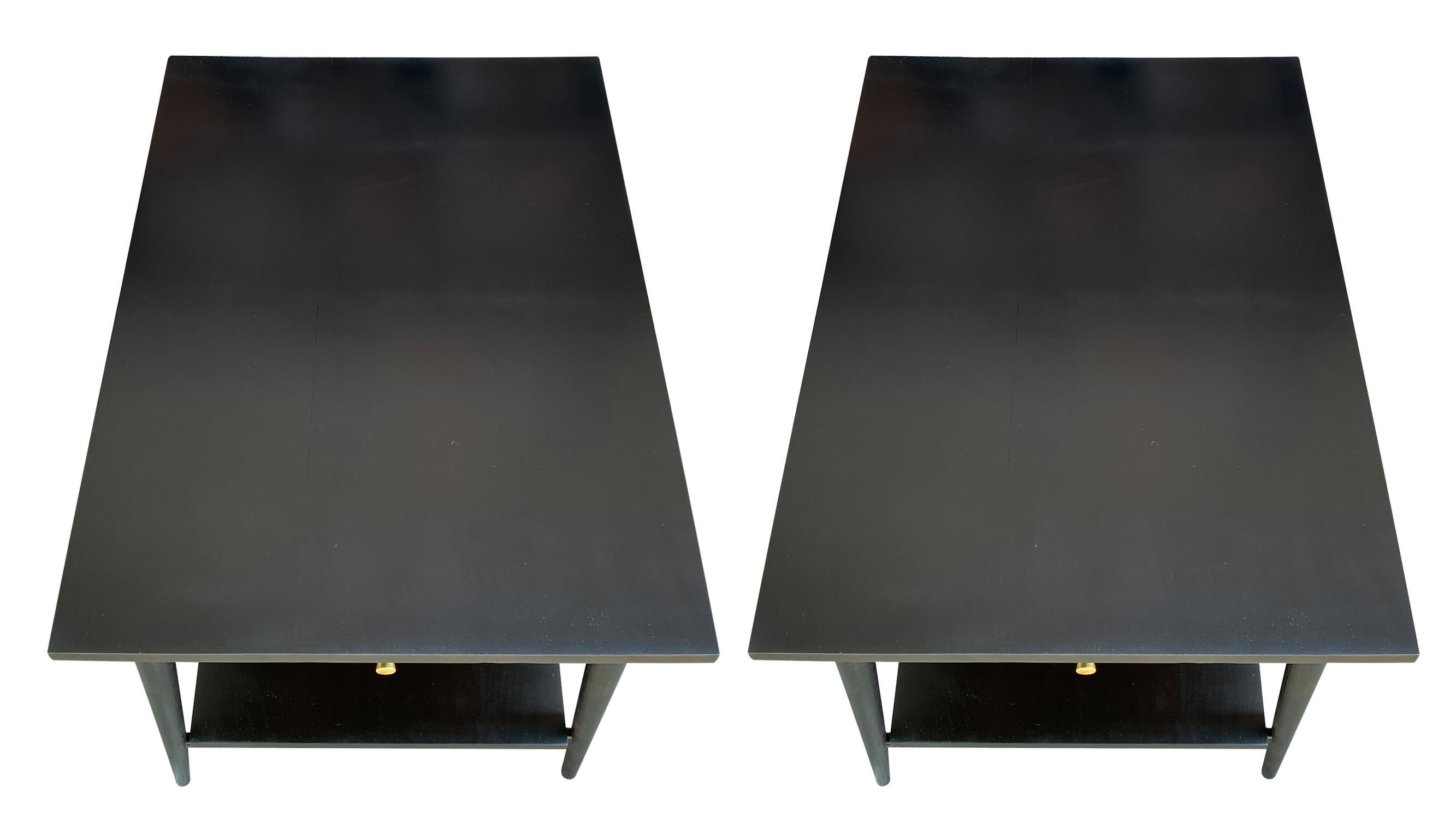 Midcentury Paul McCobb #1587 Nightstands Black Lacquer Brass Knobs End Tables For Sale 1