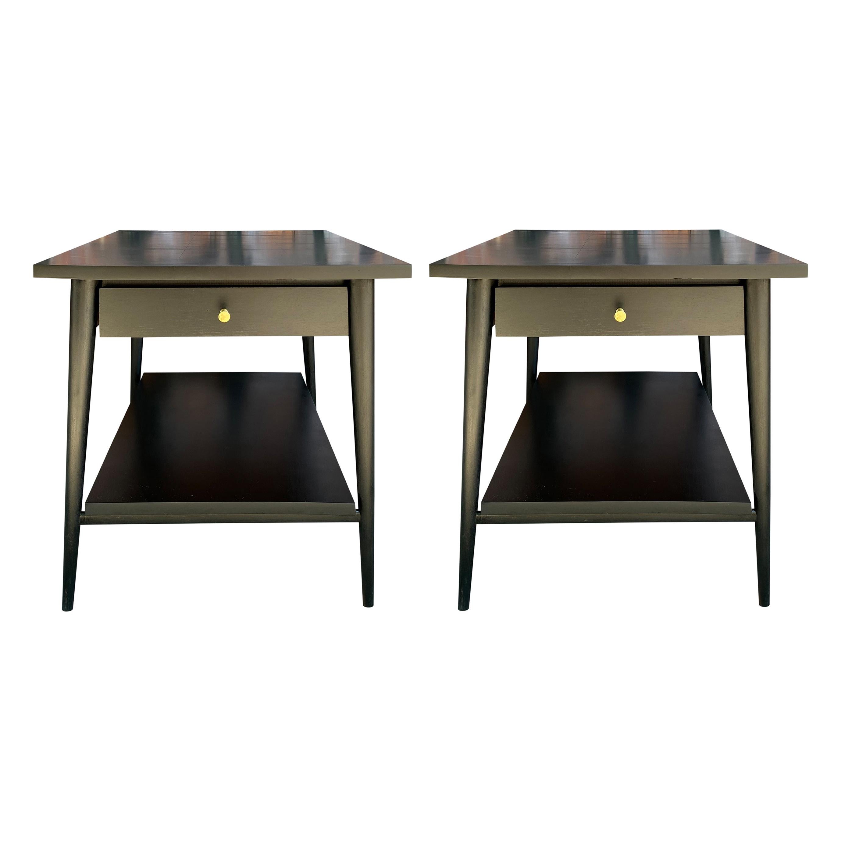 Midcentury Paul McCobb #1587 Nightstands Black Lacquer Brass Knobs End Tables