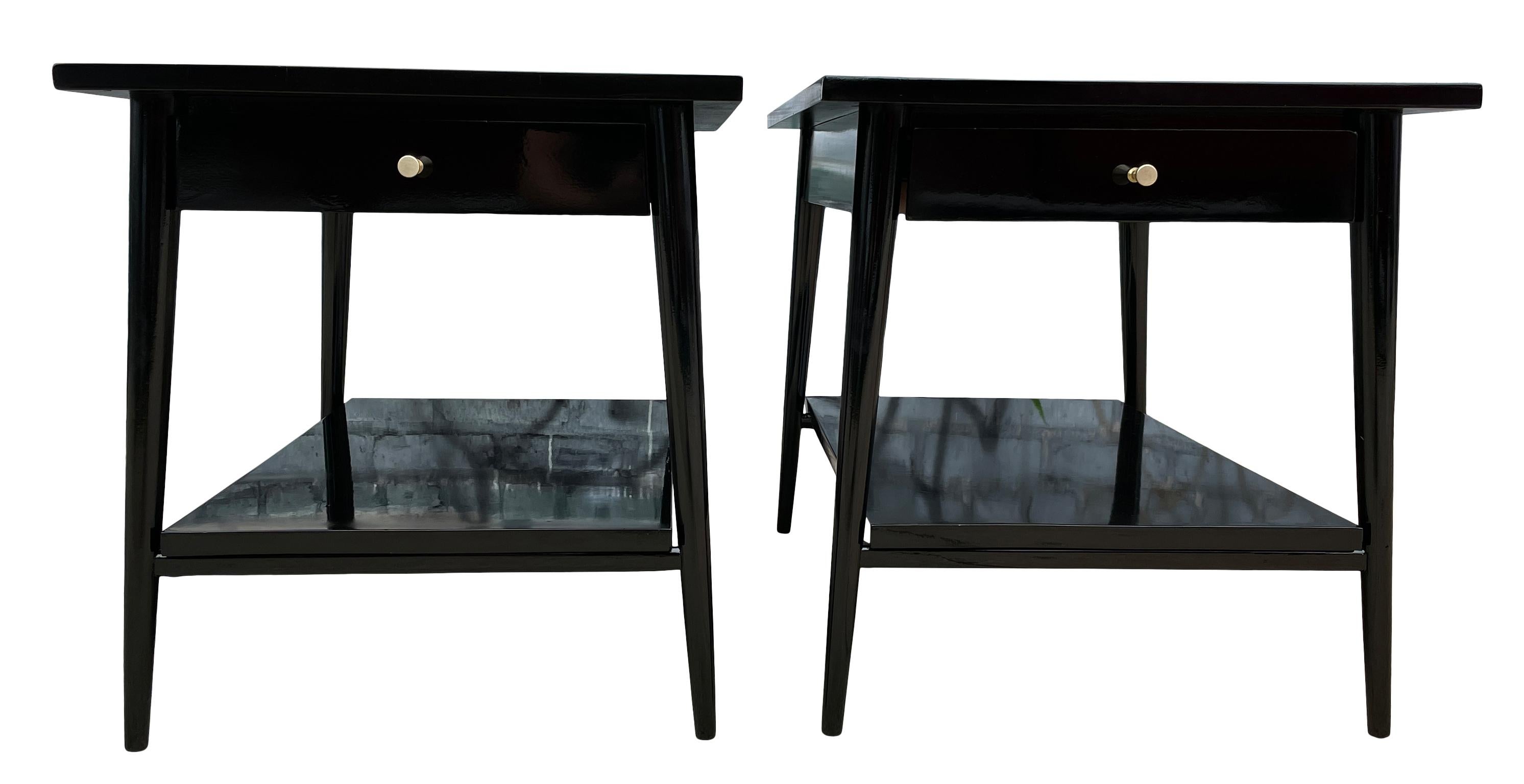 Beautiful pair of Paul McCobb Planner Group #1587 maple low nightstands lamp end sofa tables single drawer Planner Group Brass knobs in original gloss black lacquer finish. Refinished at one point in time - great vintage condition. Very delicate