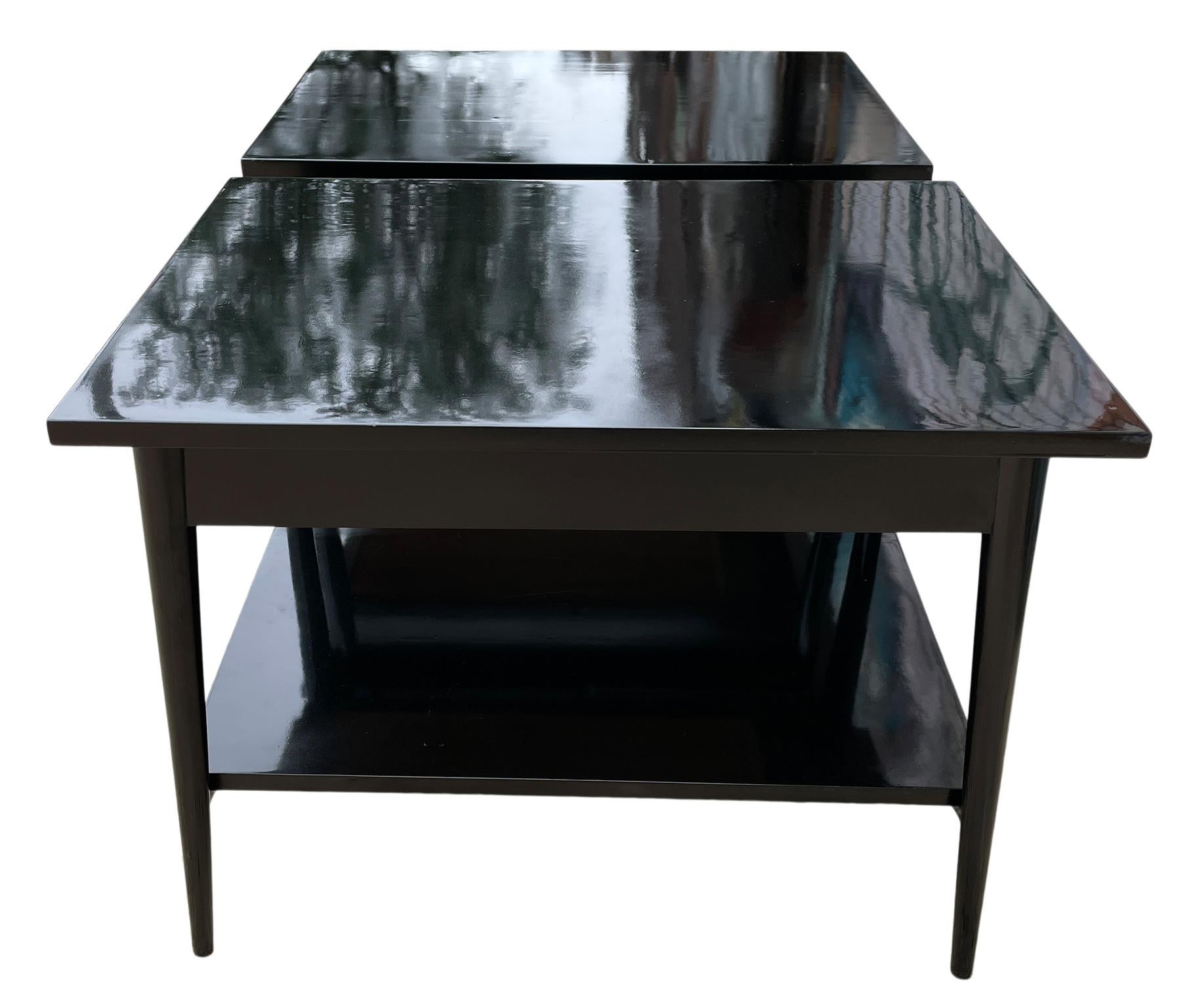 20th Century Midcentury Paul McCobb #1587 Nightstands Gloss Black Lacquer Brass Knobs Tables