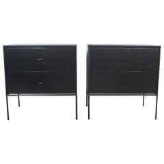 Vintage Midcentury Paul McCobb 2-Drawer #1503 Nightstands Black Lacquer T Pulls