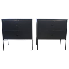 Midcentury Paul McCobb 2-Drawer #1503 Nightstands Black Lacquer T Pulls