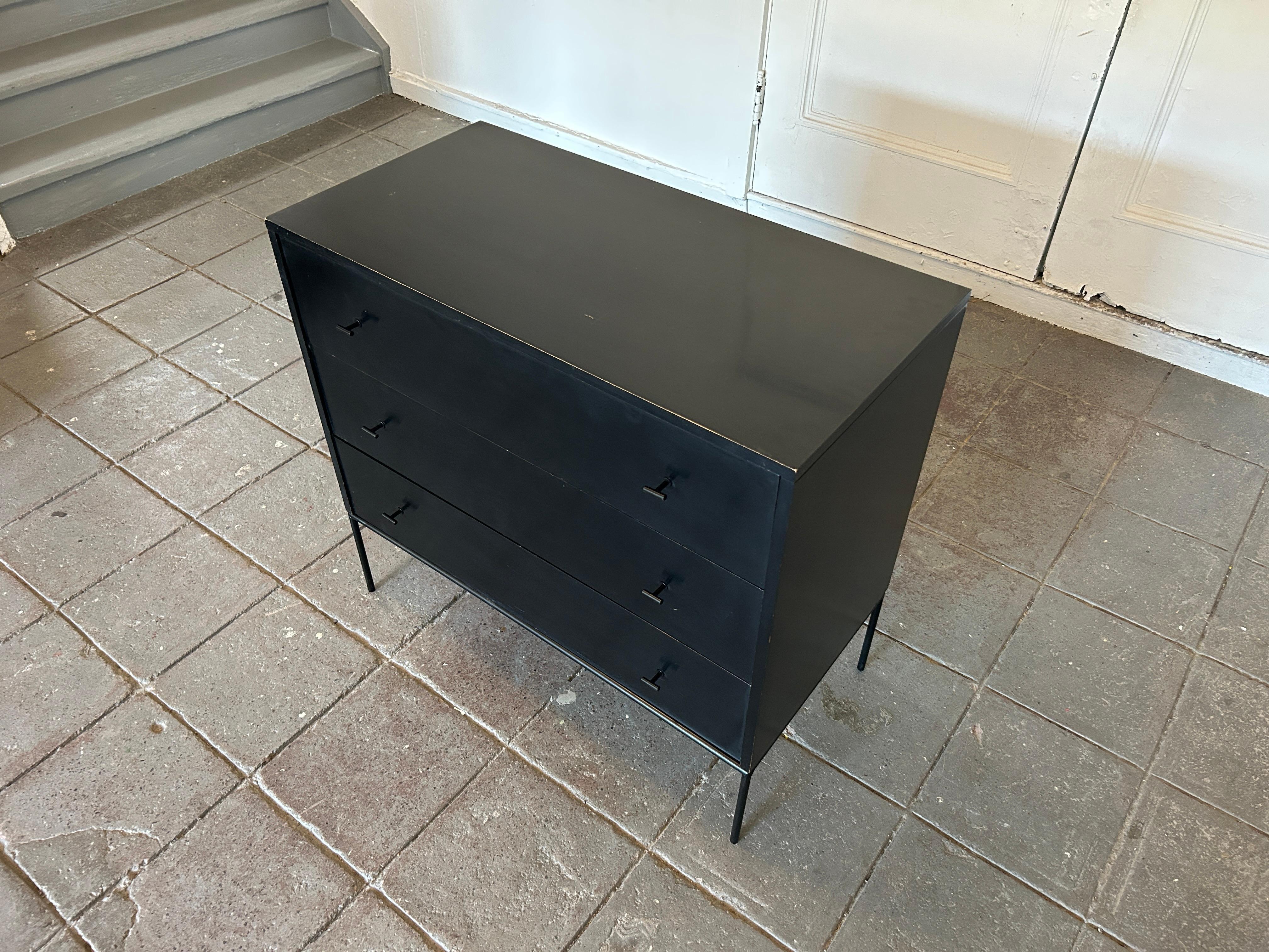 Mid-Century Modern Midcentury Paul McCobb 3 Drawer Black Dresser T Pulls and Iron Base