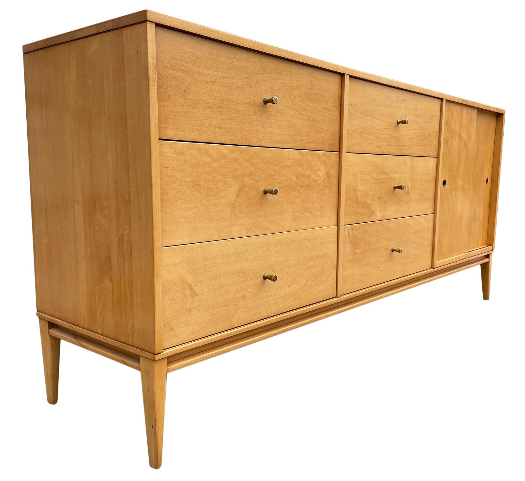 Mid-Century Modern Midcentury Paul McCobb 6 Drawer Cabinet Dresser Credenza Blonde Maple Brass