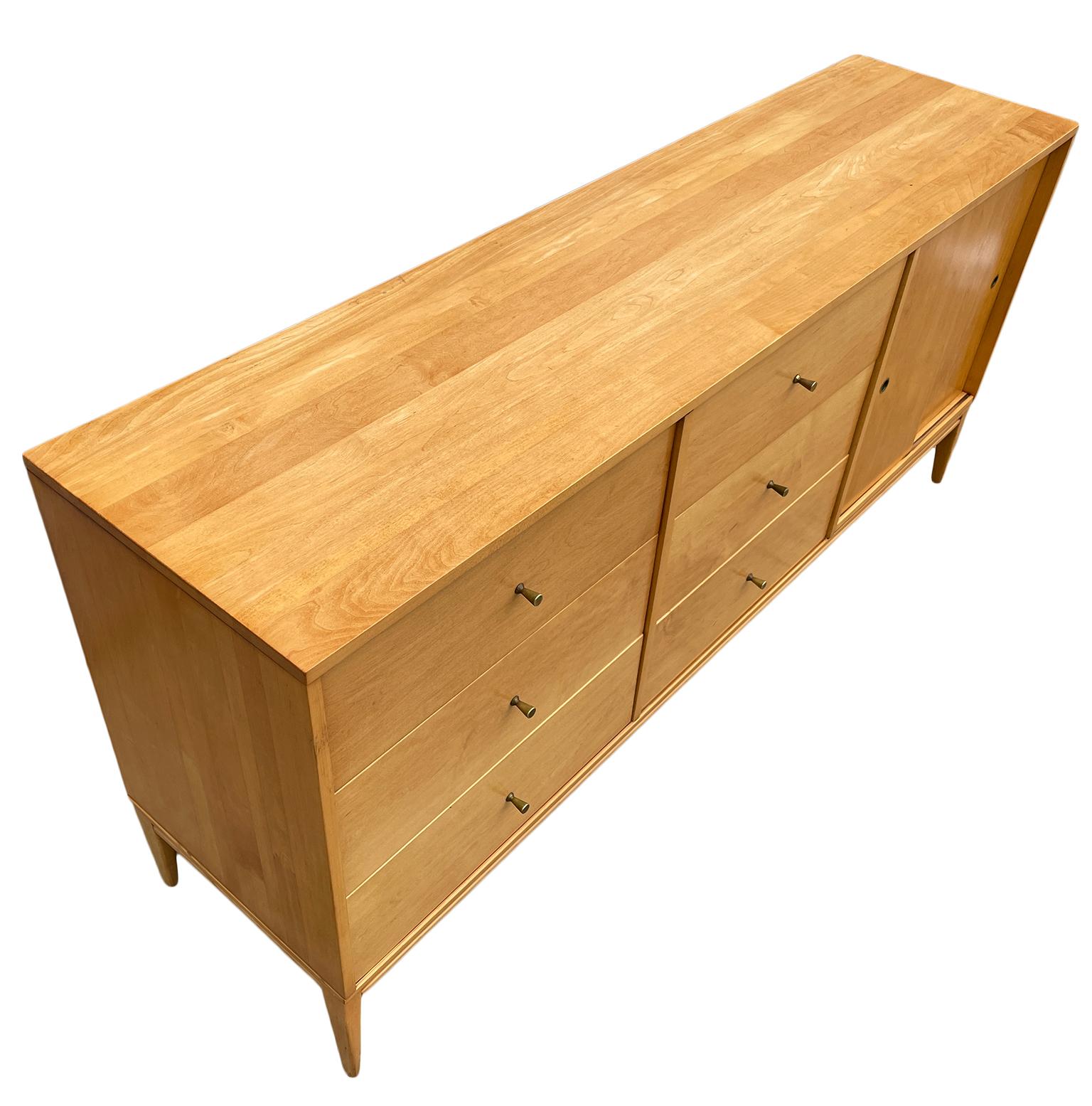 American Midcentury Paul McCobb 6 Drawer Cabinet Dresser Credenza Blonde Maple Brass