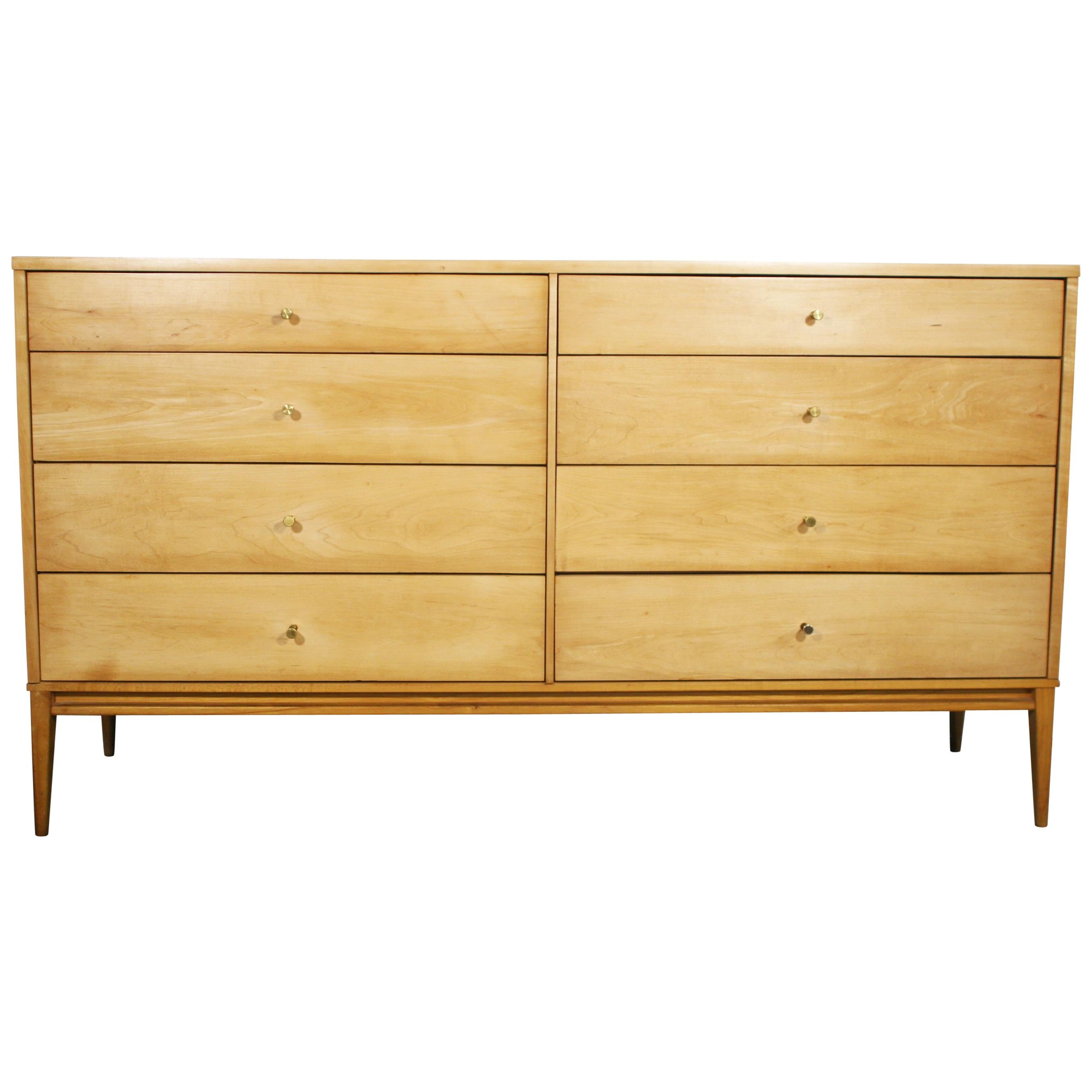 Midcentury Paul McCobb 8-Drawer Dresser Credenza #1507 Blonde Maple Brass