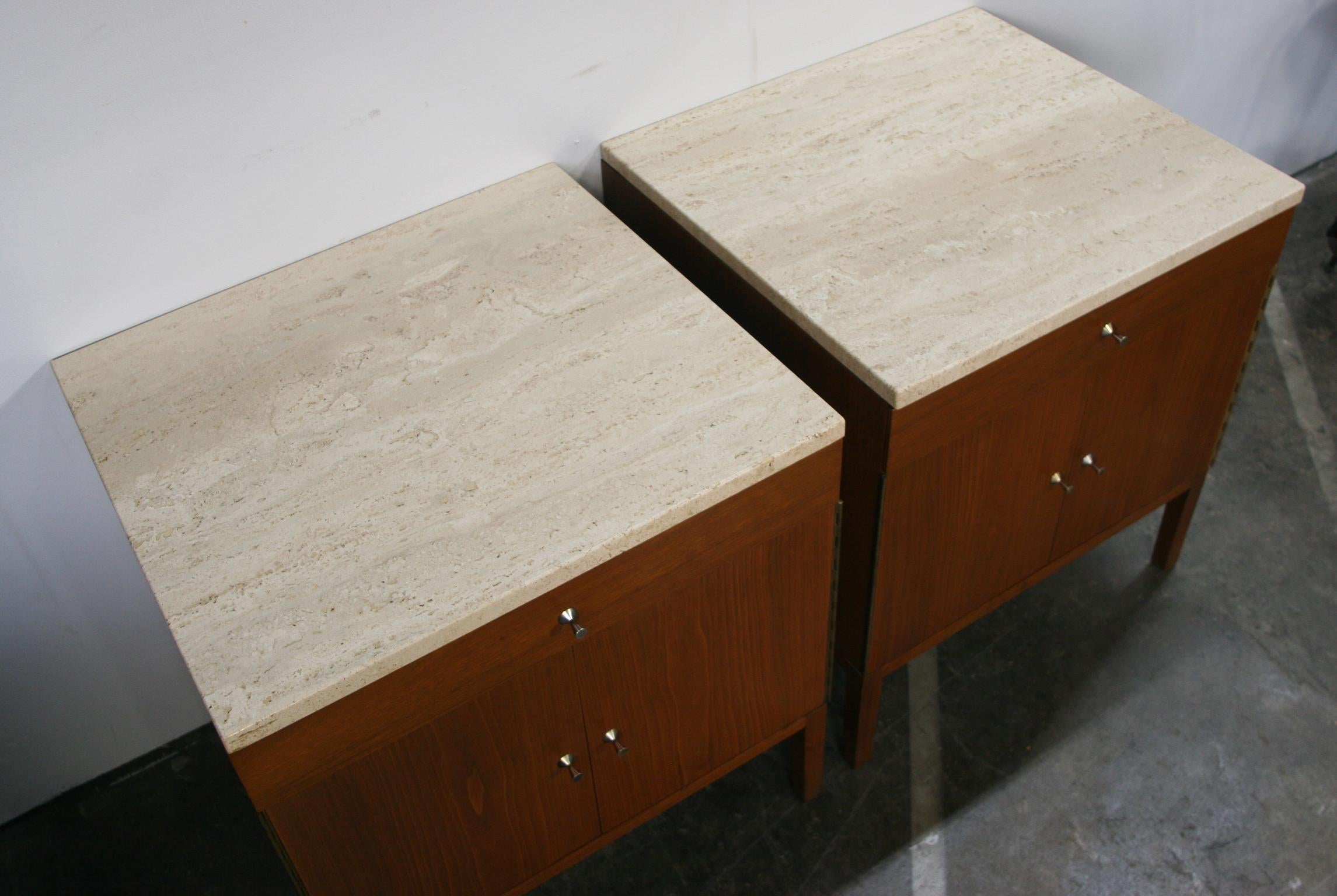 American Midcentury Paul McCobb Calvin #7700 Nightstands Travertine Marble tops