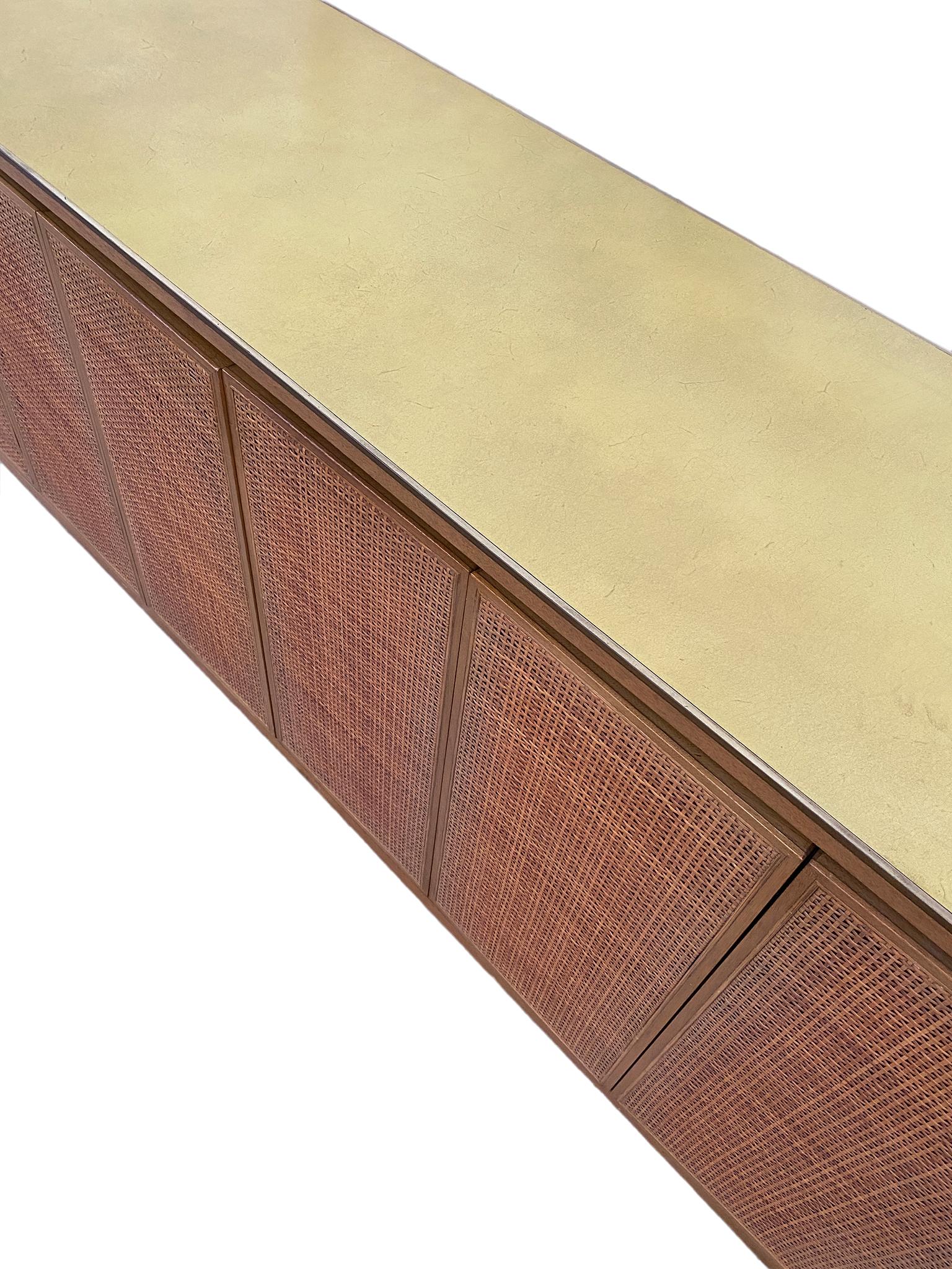 Midcentury Paul McCobb Calvin 8-Drawer Dresser Credenza #7707 Cane leather Brass In Good Condition In BROOKLYN, NY