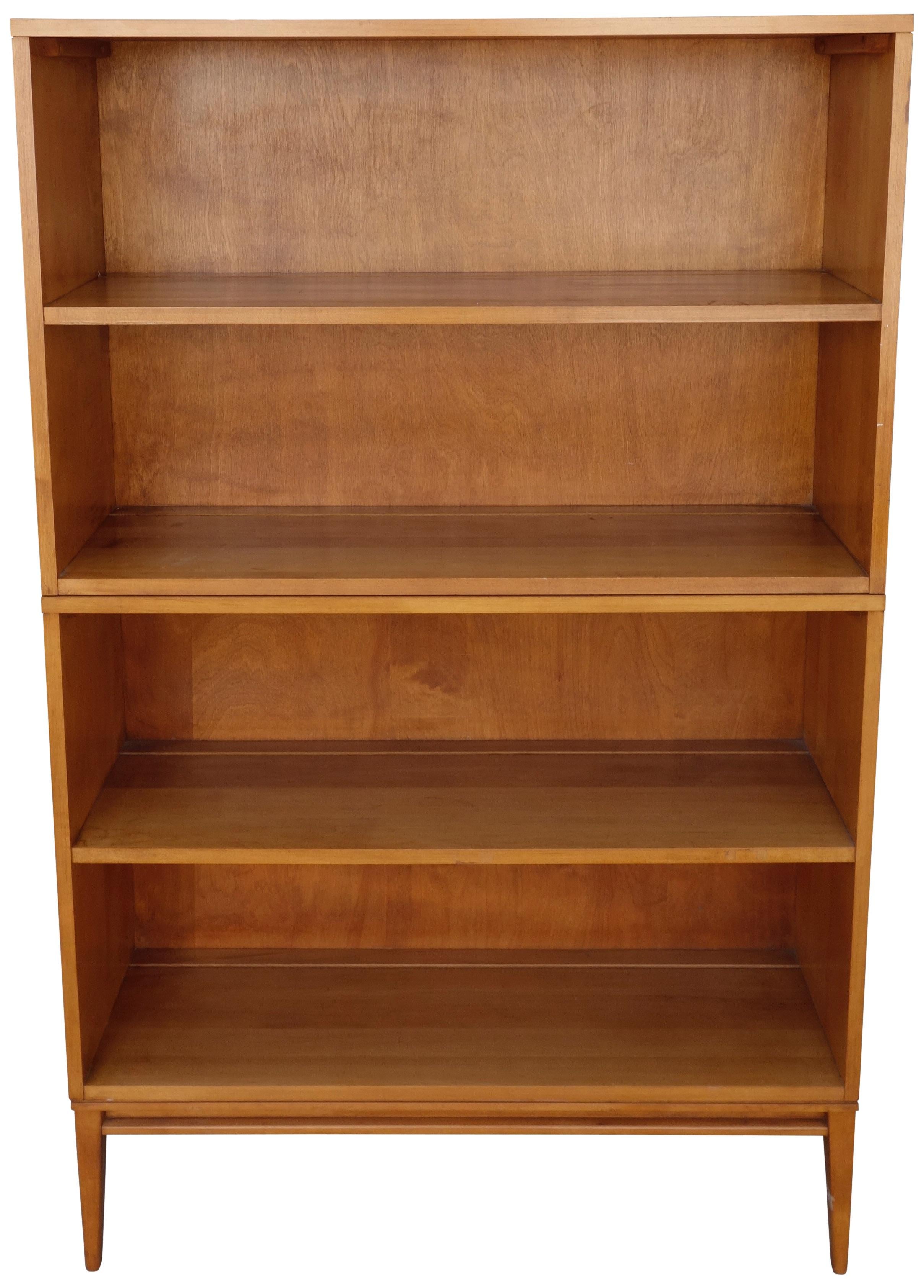 Vintage midcentury Paul McCobb double high bookcase #1516 tobacco maple finish wood base. Beautiful bookcase by Paul McCobb circa 1950s Planner Group, single shelf, solid maple with blonde Maple. Clean inside and out original vintage condition. Has