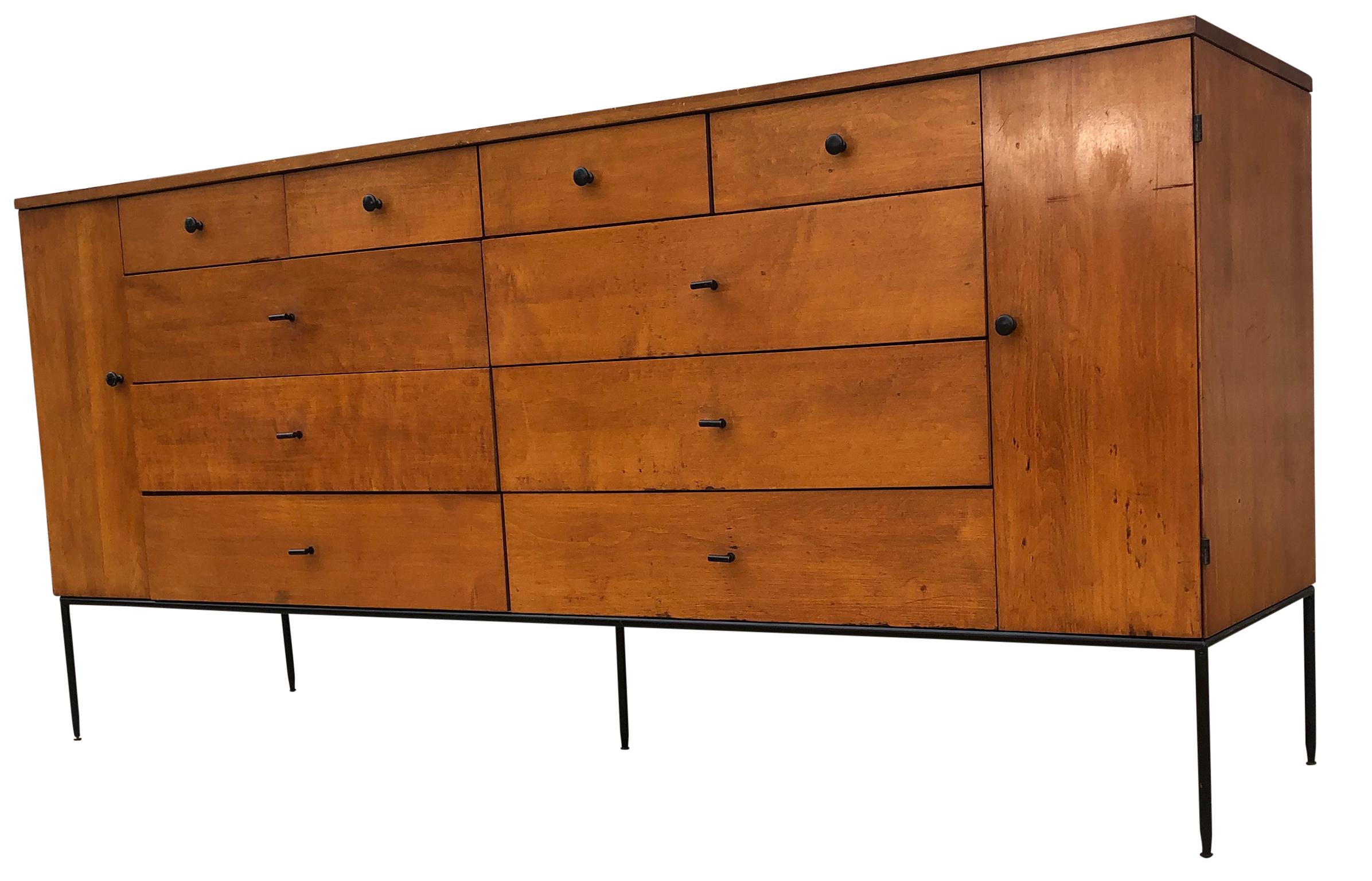 Mid-Century Modern Midcentury Paul McCobb Maple 20-Drawer Maple Dresser #1510 T Pulls Iron Base