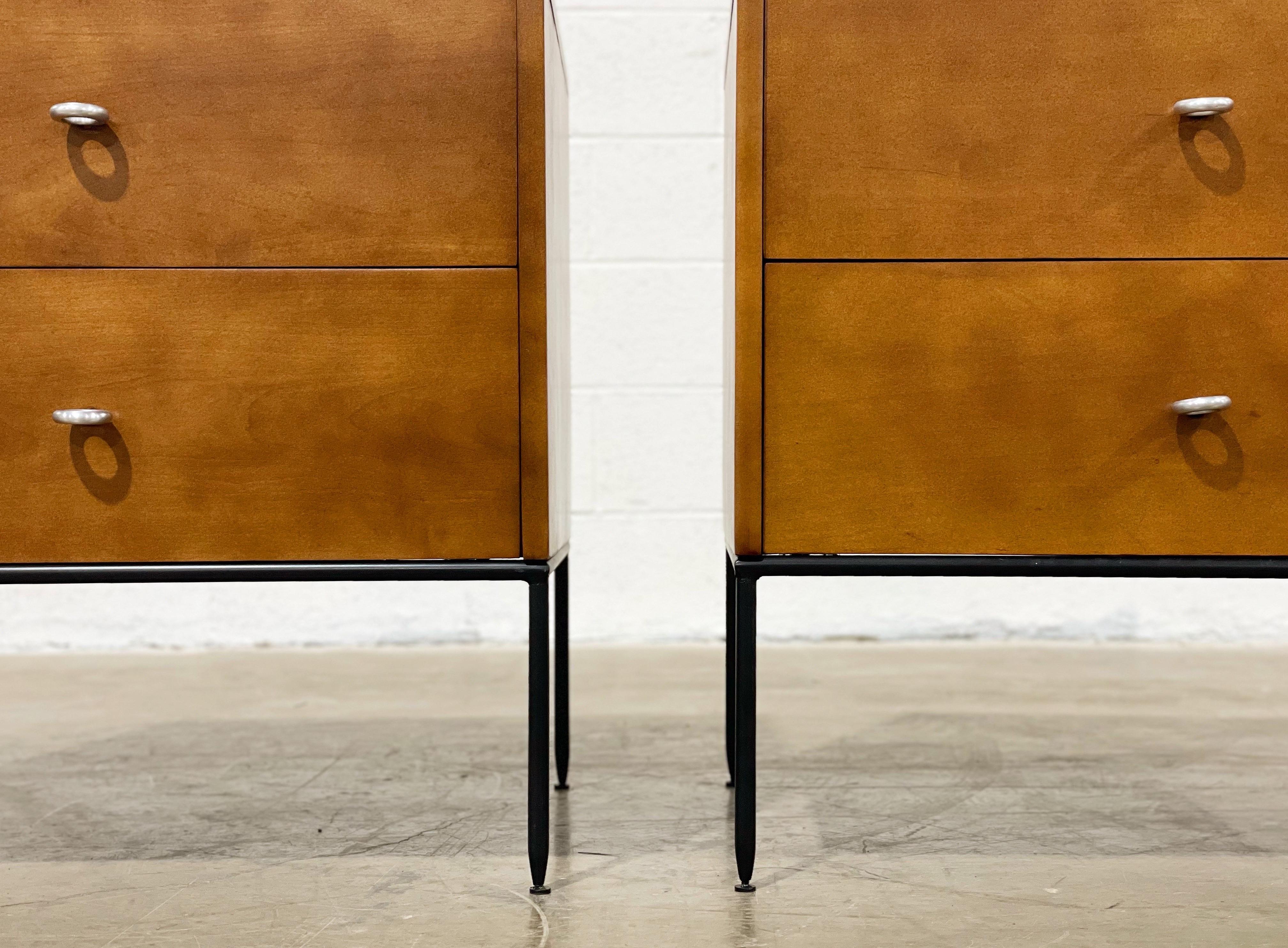 Mid-Century Modern Midcentury Paul McCobb Nightstands #1503, Two Drawer on Iron Bases O-Ring Pulls