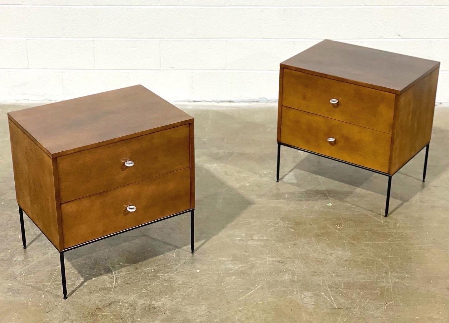 Midcentury Paul McCobb Nightstands #1503, Two Drawer on Iron Bases O-Ring Pulls In Good Condition In Decatur, GA