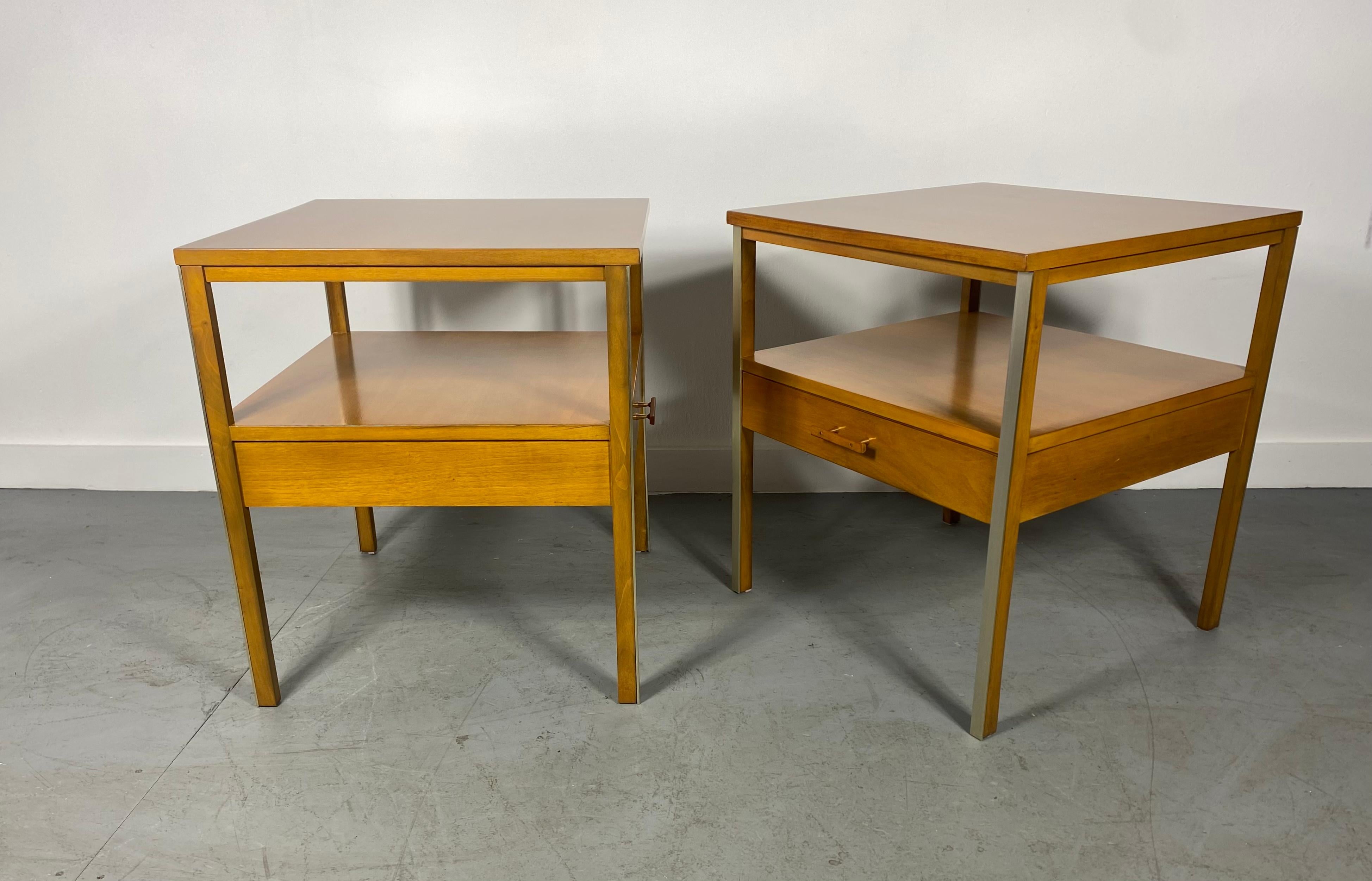 Midcentury Paul McCobb Pair of Calvin Single Drawer Nightstands Walnut Aluminum In Excellent Condition In Buffalo, NY