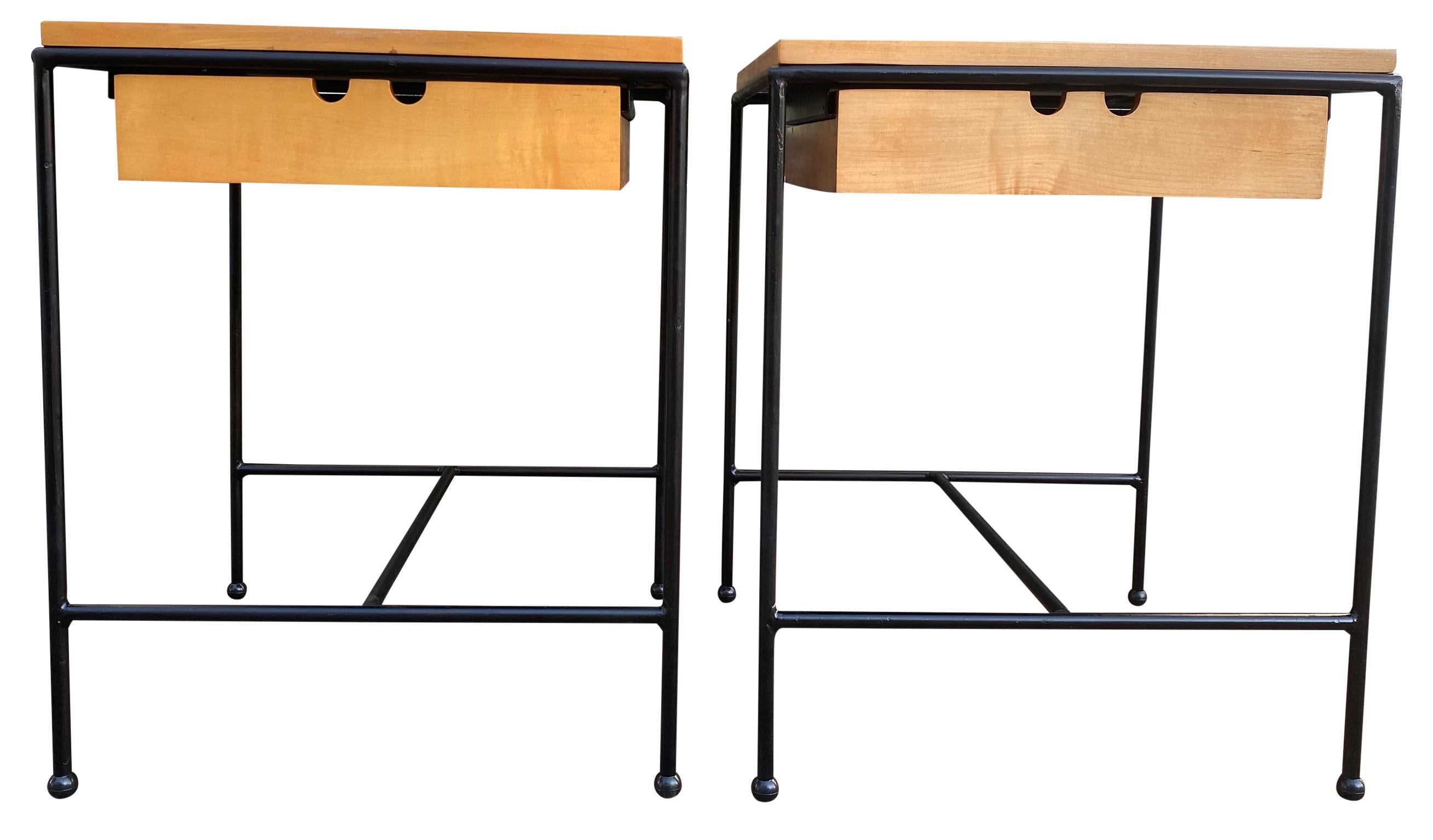 Rare pair of Early 1950s Paul McCobb Planner Group #1572 maple nightstands end side tables. Black Iron structure. Raw blonde maple tops with single drawer. Very modern designed pair of side tables with Iron. All solid maple. Original condition shows