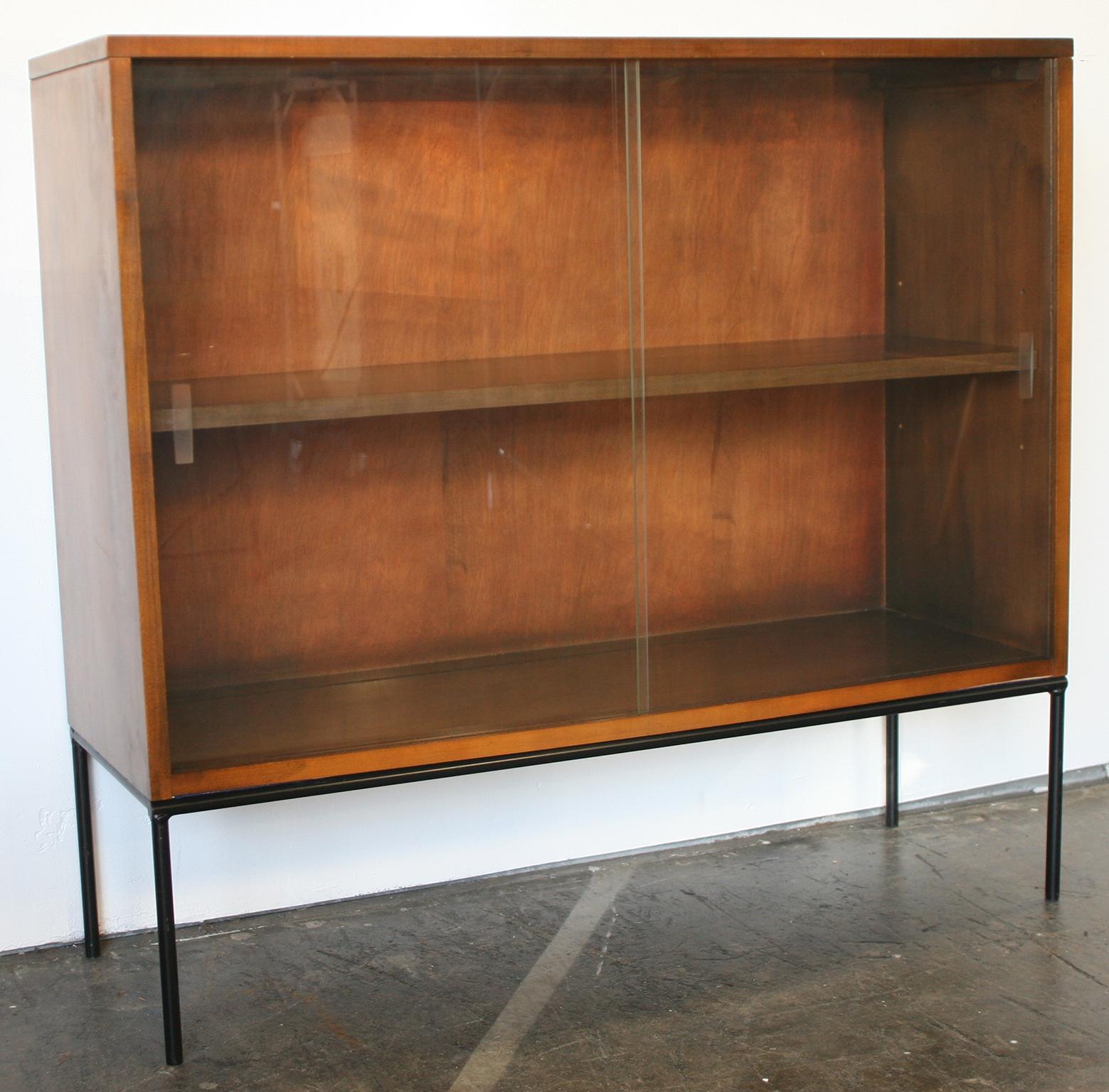 20th Century Midcentury Paul McCobb Single Bookcase #1515 Walnut Finish Glass Doors Iron Base