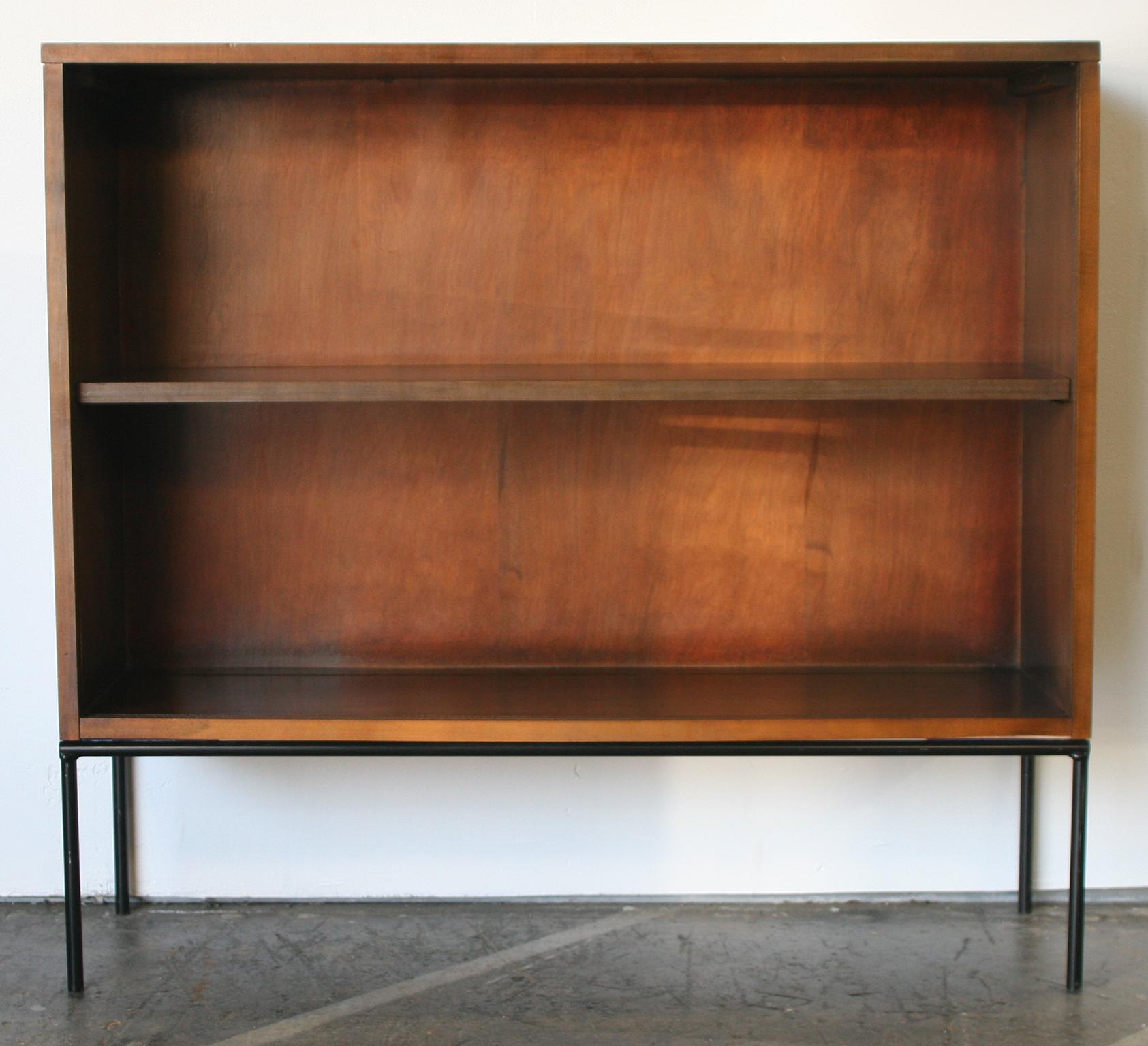 Midcentury Paul McCobb Single Bookcase #1515 Walnut Finish Glass Doors Iron Base 3
